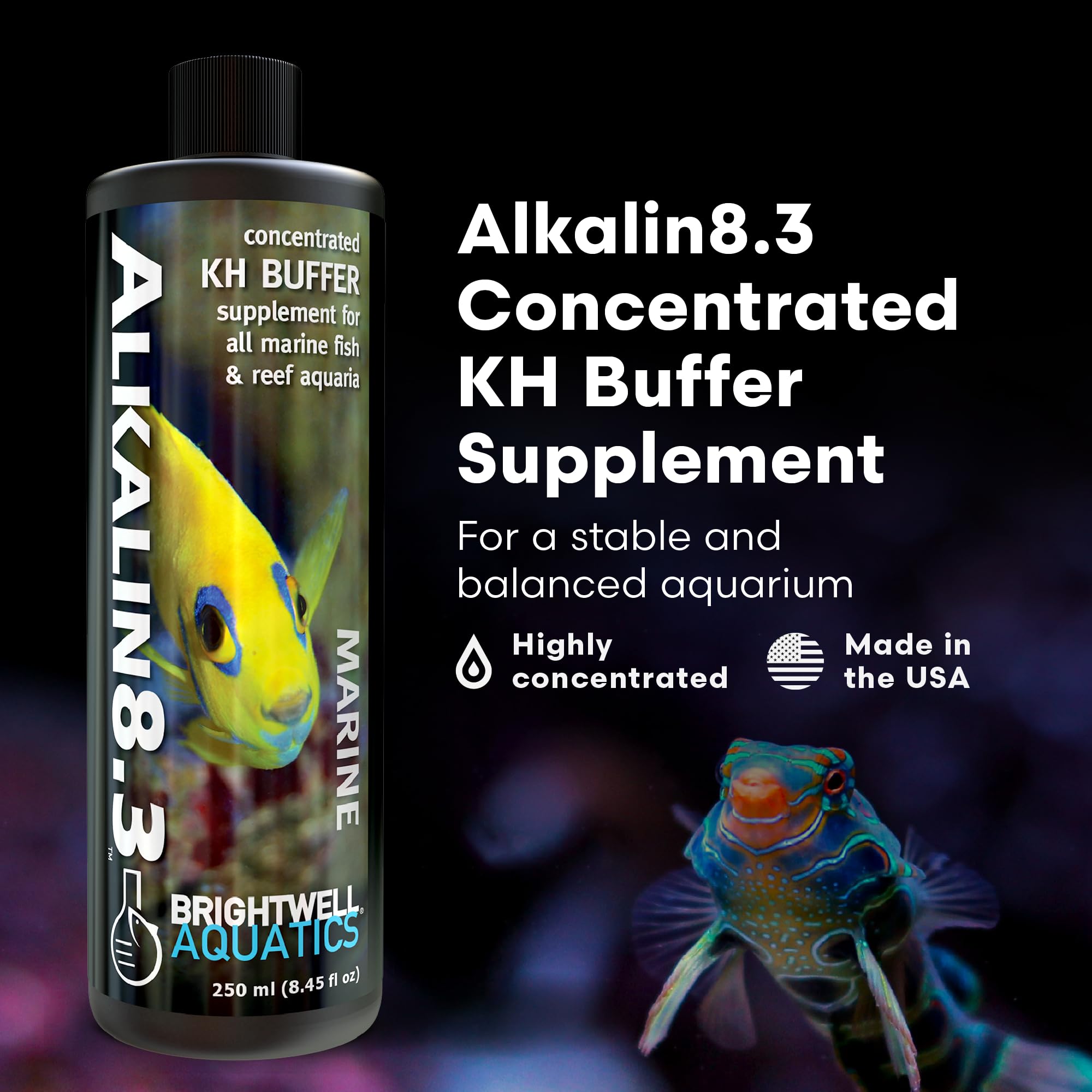 Brightwell Aquatics Alkalin8.3: etiqueta con instrucciones para dosis precisa.