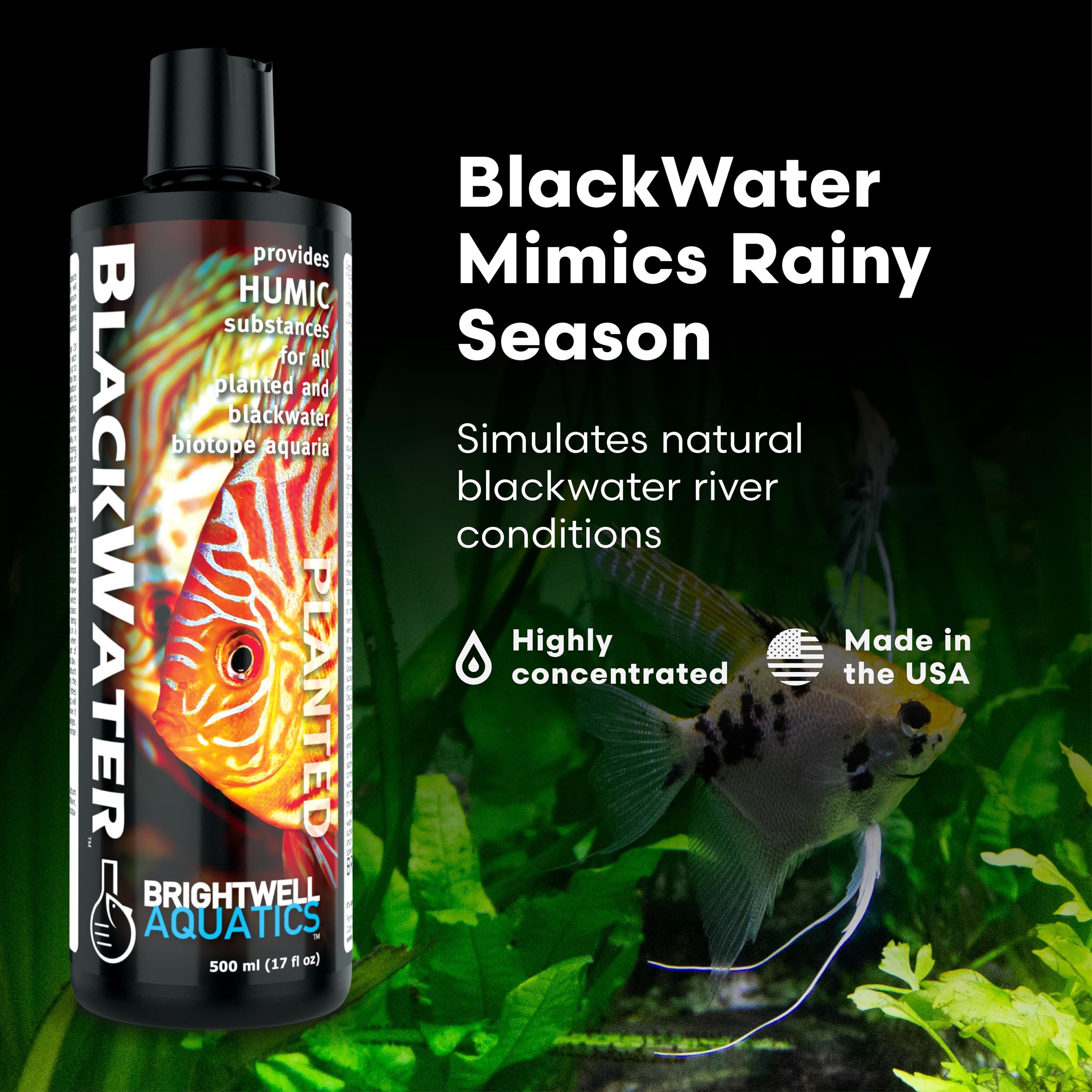 Etiqueta detallada de Brightwell BlackWater con dosis y guía de uso, útil para el acuario.