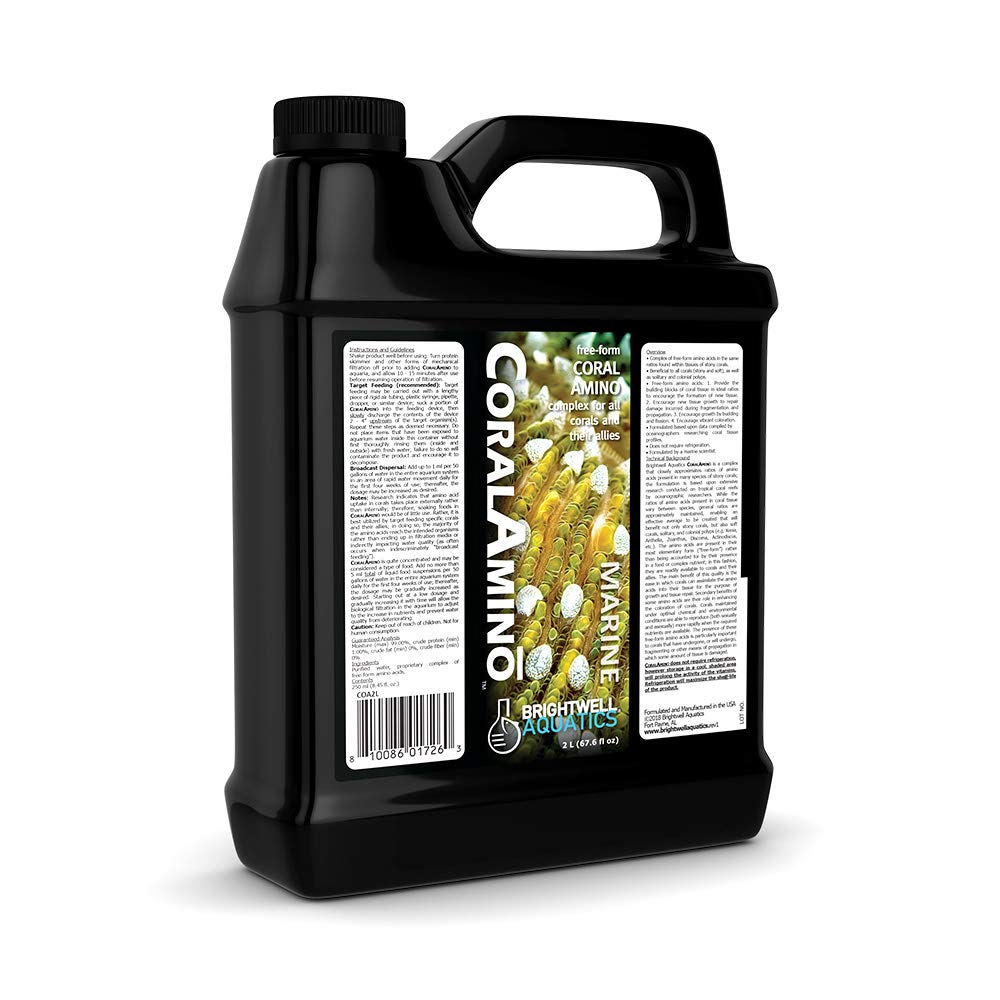 Brightwell Aquatics CoralAmino derrame de botella para alimentar corales de forma controlada.