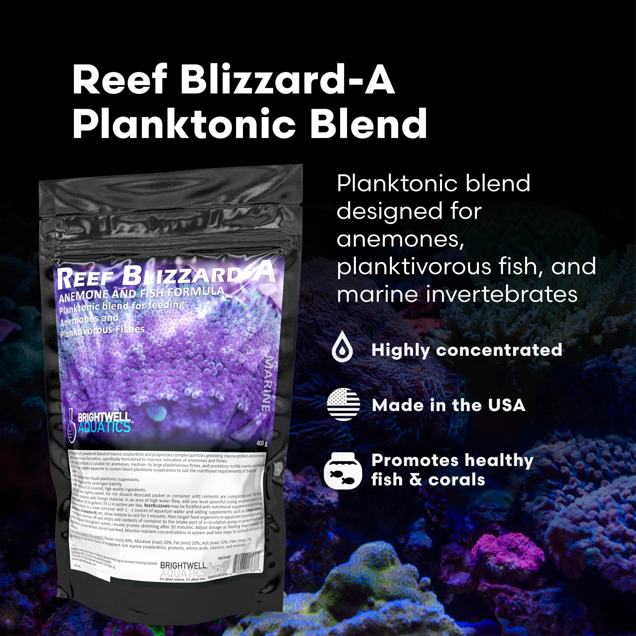 Brightwell Aquatics Reef Blizzard-A, alimento en polvo para peces planktívoros, mejora la respuesta al alimento.