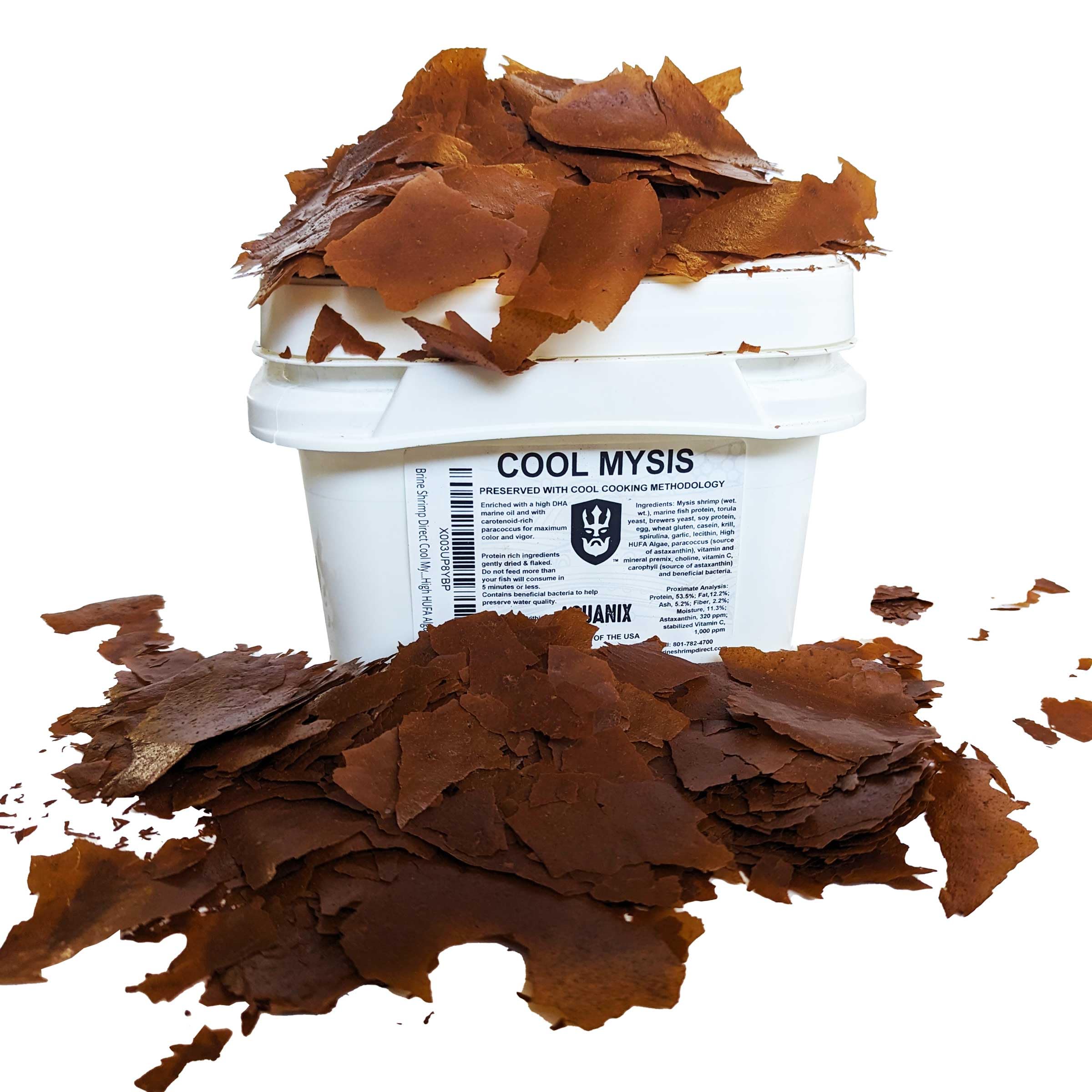 Brine Shrimp Direct Cool Mysis Flake, ingredientes-clave para coloración y salud del acuario.