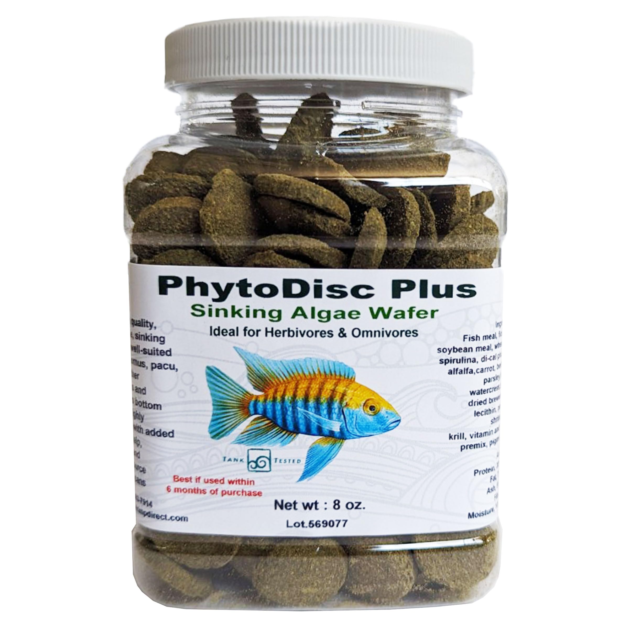 Brine Shrimp Direct PhytoDisc Plus pastillas spirulina, opción nutritiva para peces herbívoros y omnívoros.