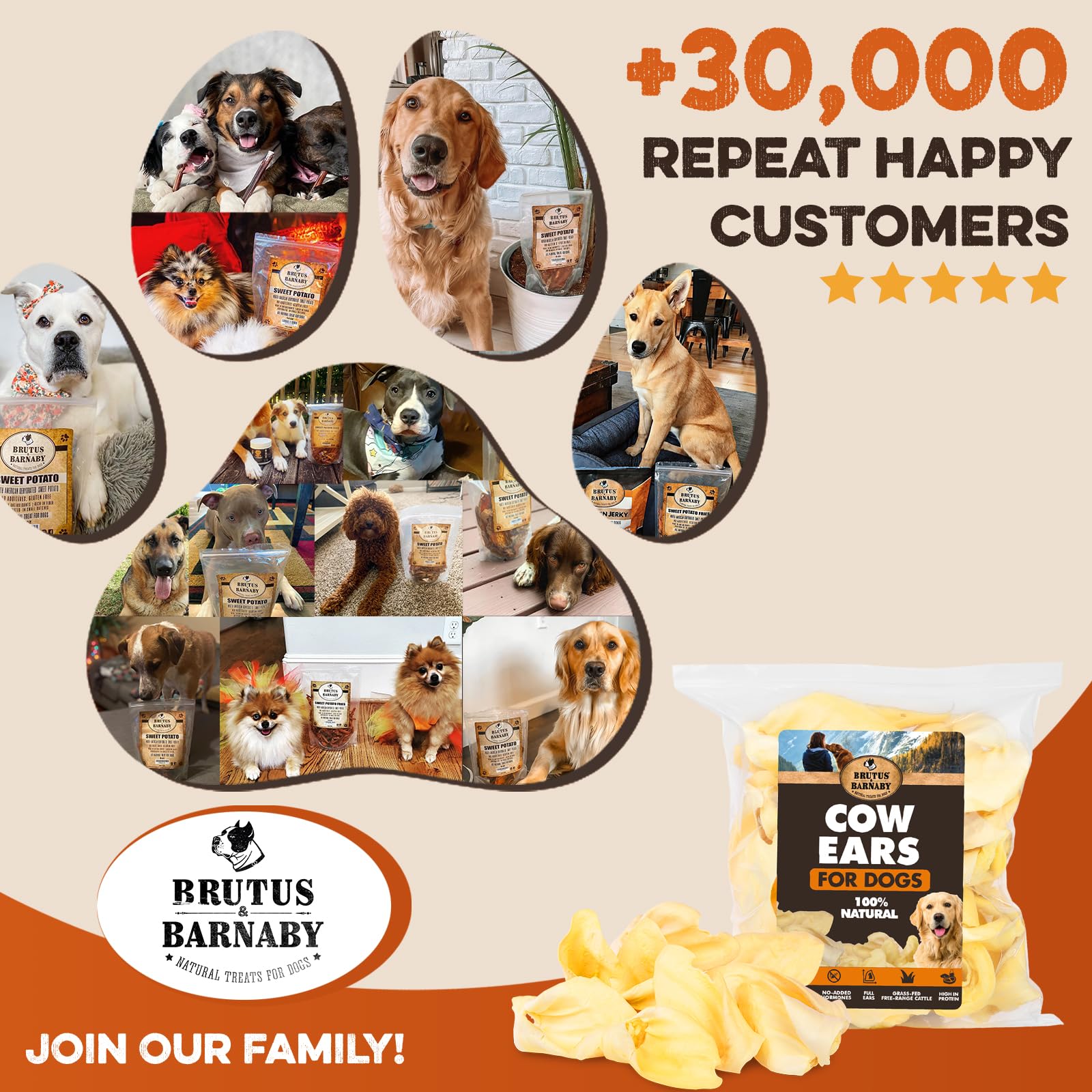 BRUTUS & BARNABY orejas de vaca para perros: snack masticable para juego y entrenamiento