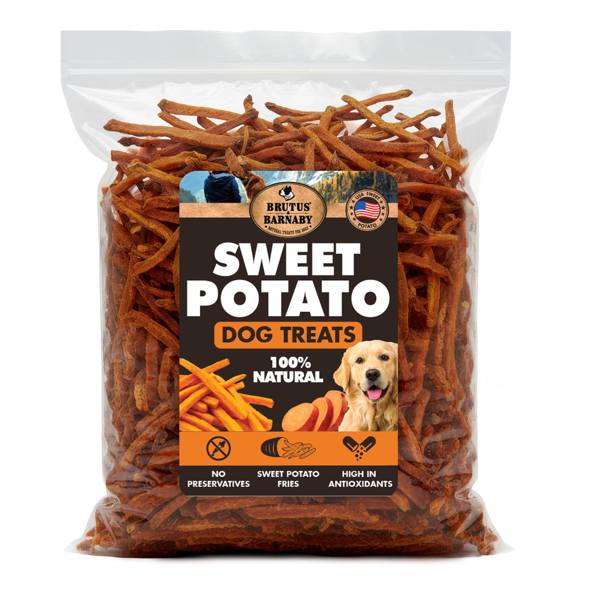 BRUTUS & BARNABY patata dulce fritas sin aditivos, snack saludable para perros.