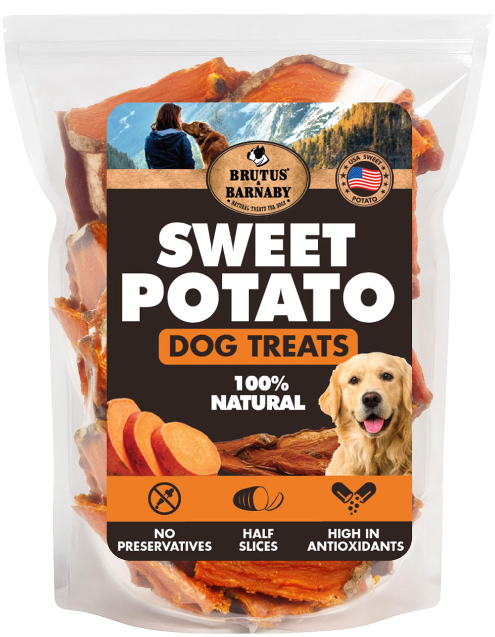 BRUTUS & BARNABY, bolsa de trozos patata dulce, snack apto para estómagos sensibles.