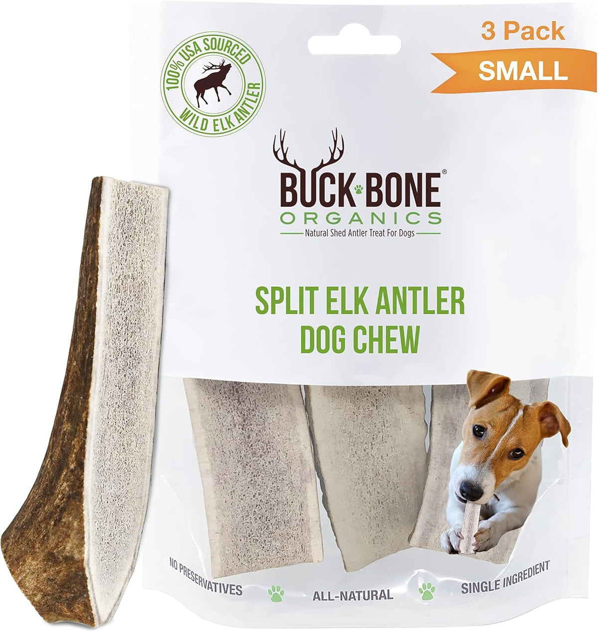 Buck Bone Organics, astas de ciervo para perros, masticación segura y duradera.