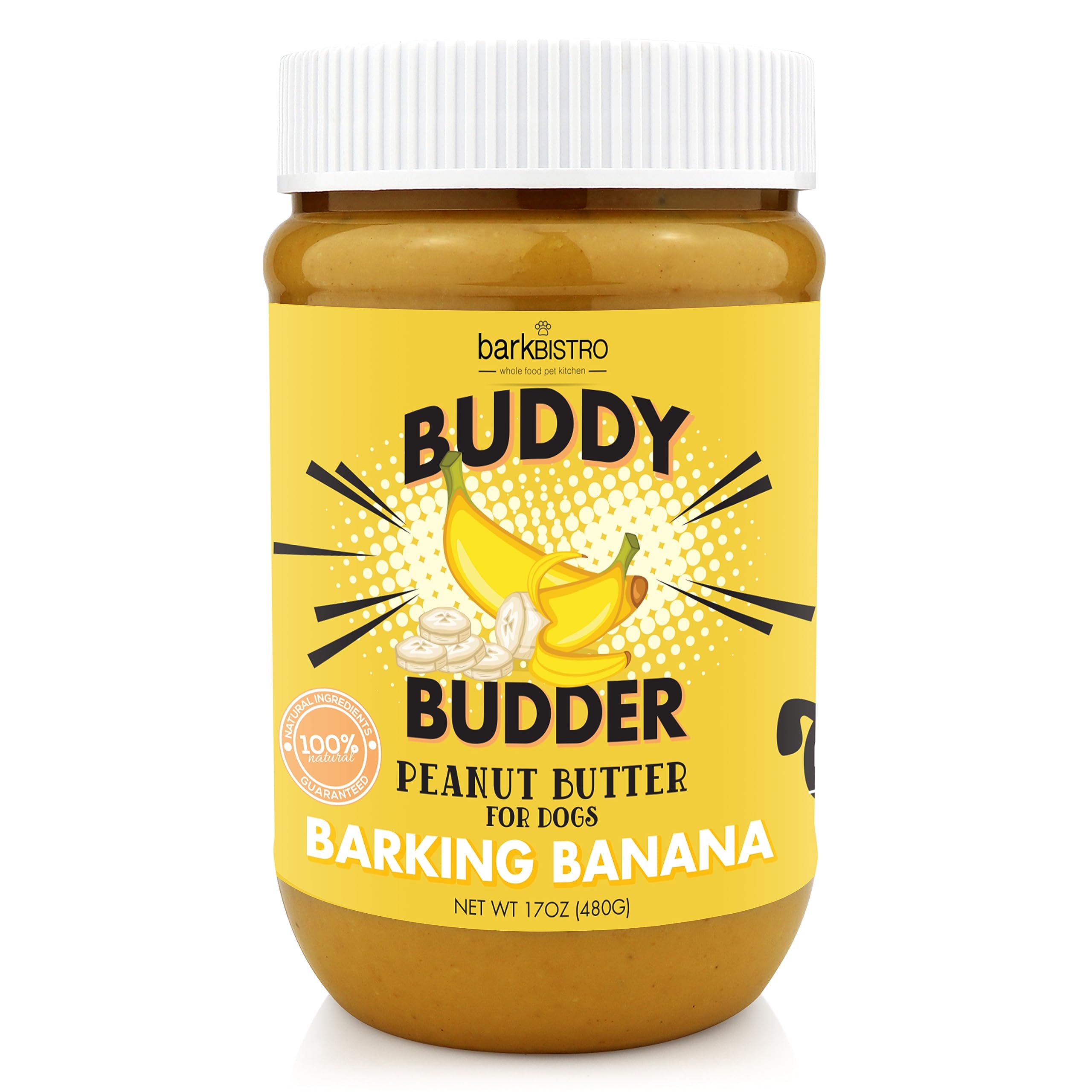 BUDDY BUDDER Barkin' Banana en tarro, crema de maní natural para perros