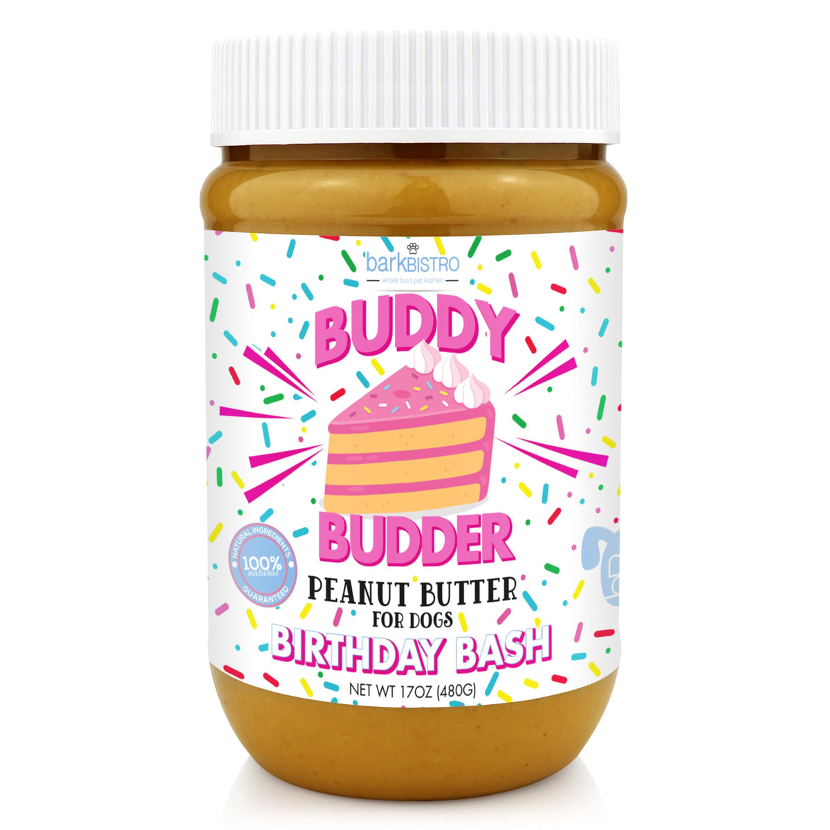 Buddy Budder envase 17oz: mantequilla de cacahuete para perros, ideal para rellenos en juguetes.