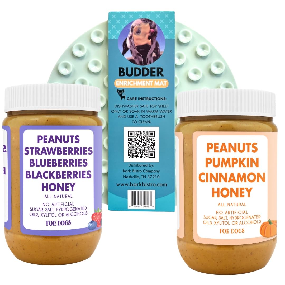 Buddy Budder mantequilla de maní natural en frascos de 17 oz, snack seguro para perros.