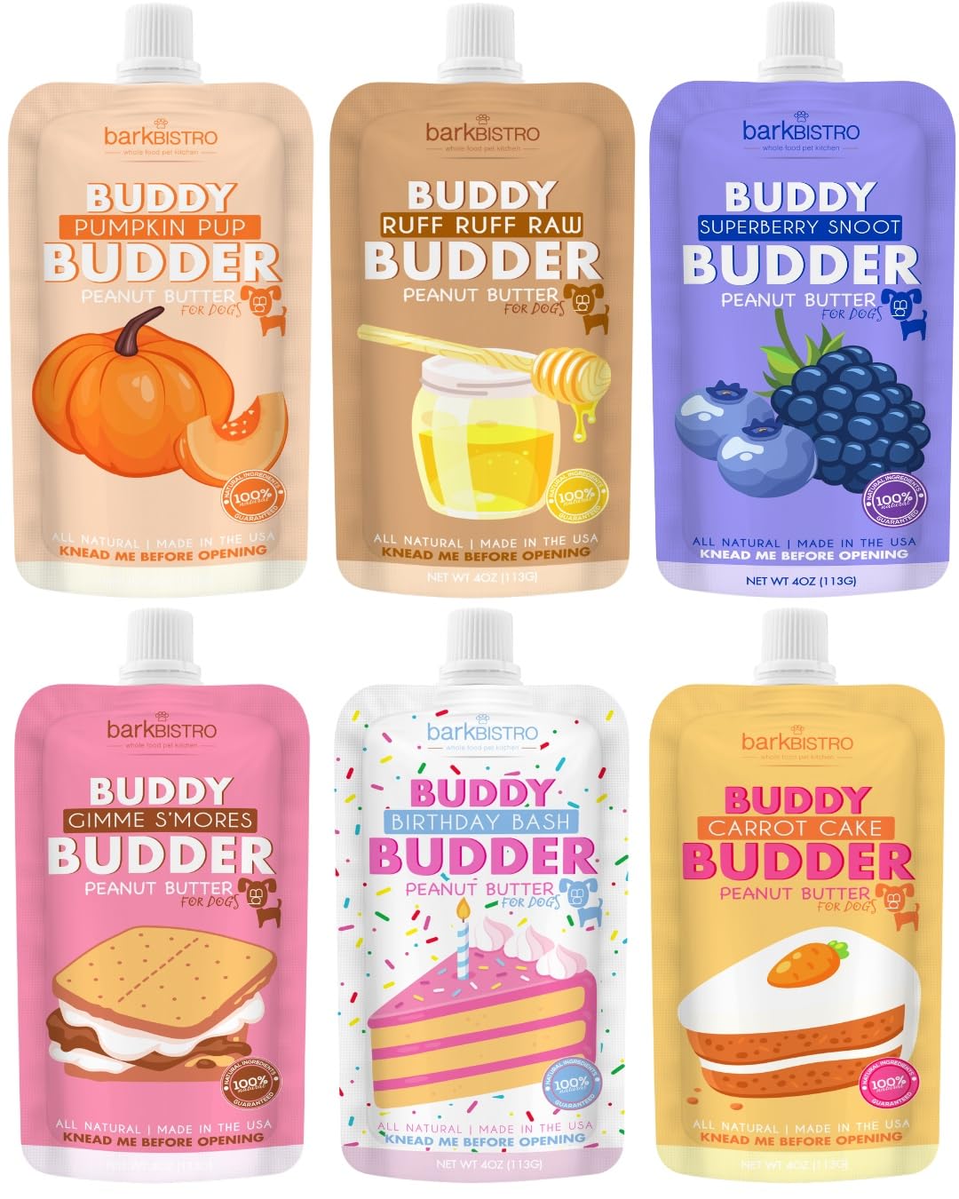 Buddy Budder: paquetes squeeze con sabores mezclados, prácticos para viajar.