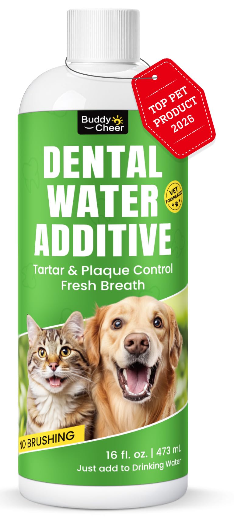 BuddyCheer: botella volcando en cuenco de agua para limpieza bucal del perro.