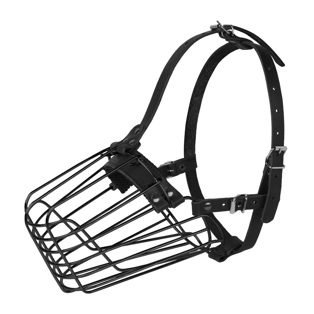 Bozal de jaula metálica negro BUDKAS talla L con buena ventilación.