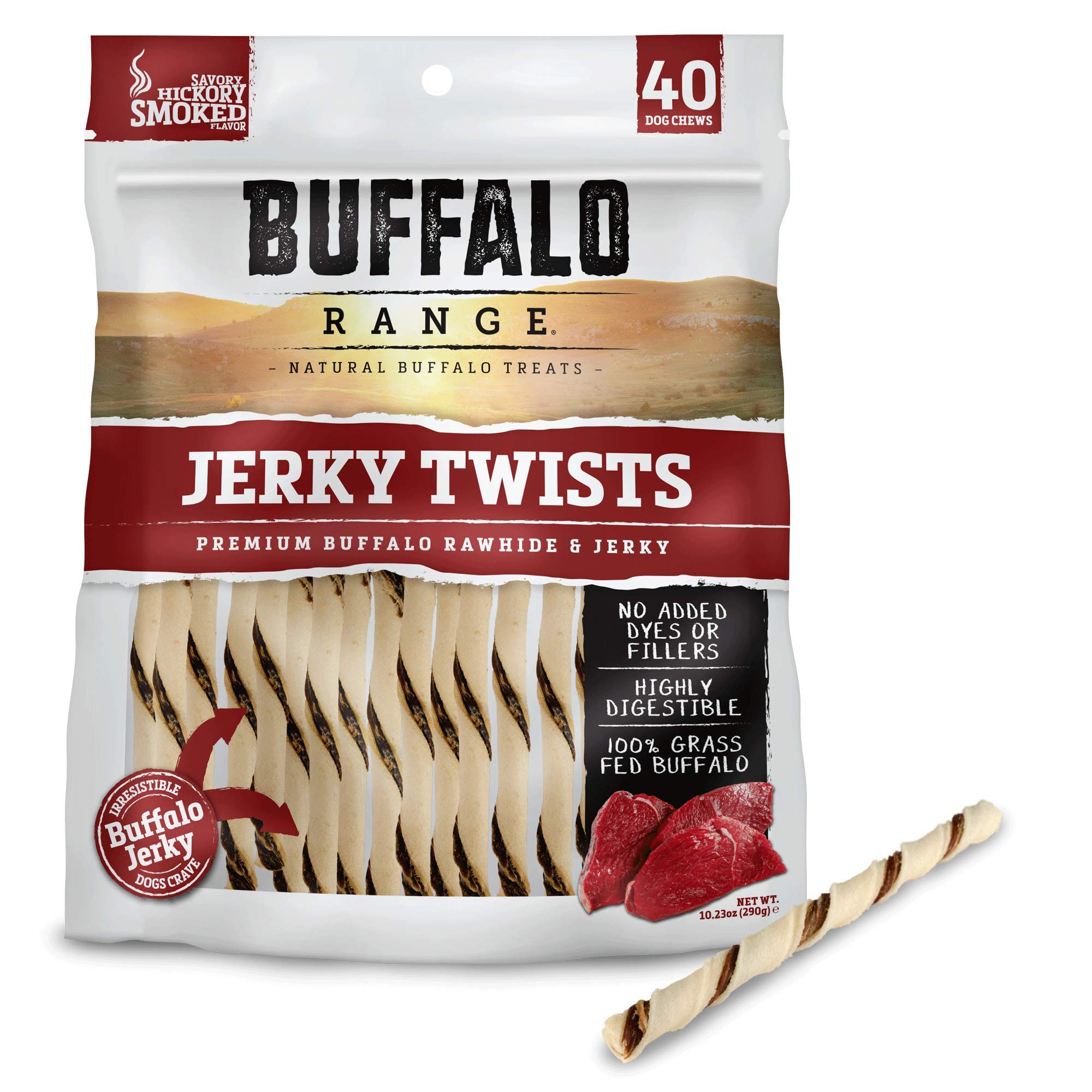 Buffalo Range tiras con sabor Hickory, empaque atractivo para perros.
