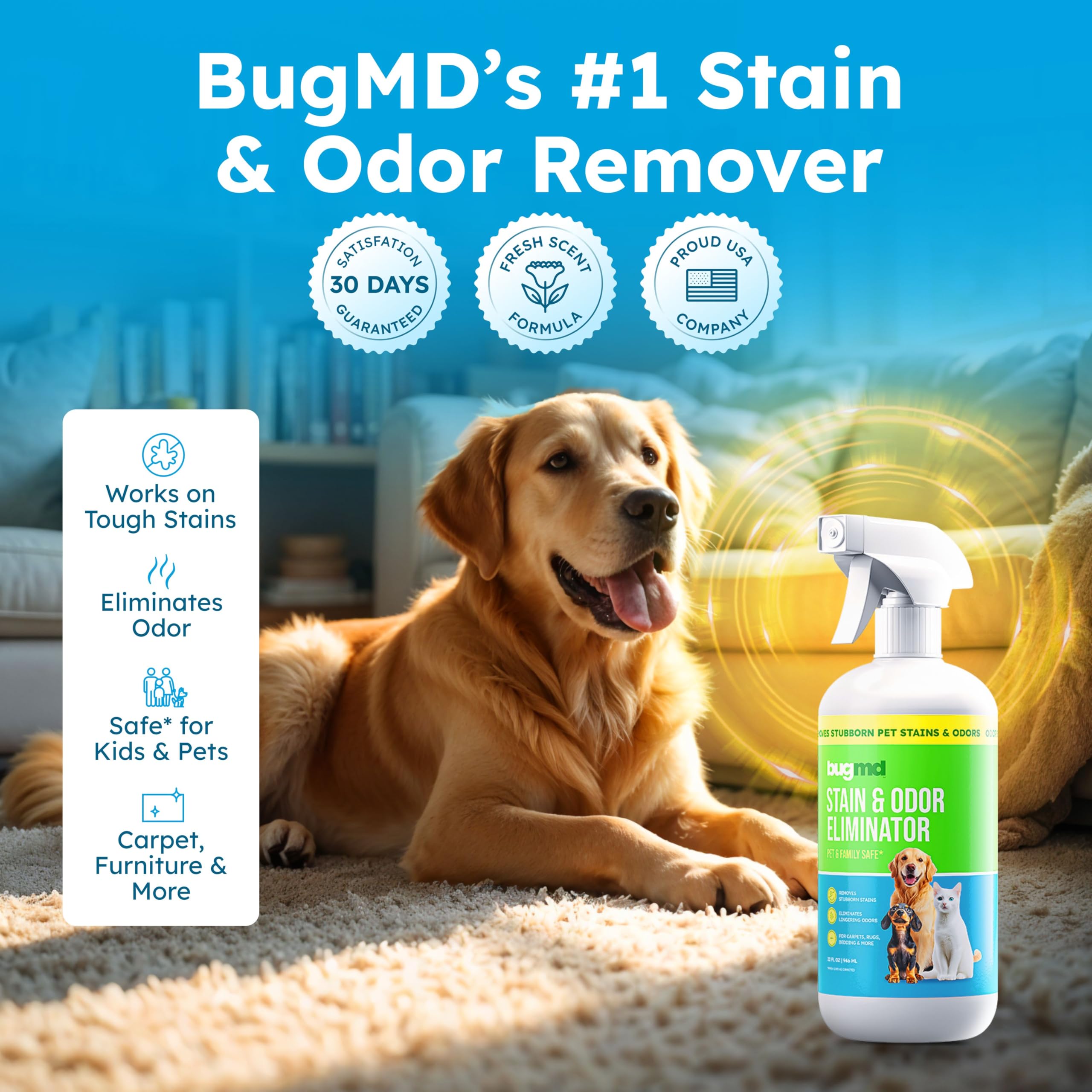 BugMD limpiador enzimático sin aroma: fórmula suave para mascotas sensibles y hogares tranquilos.