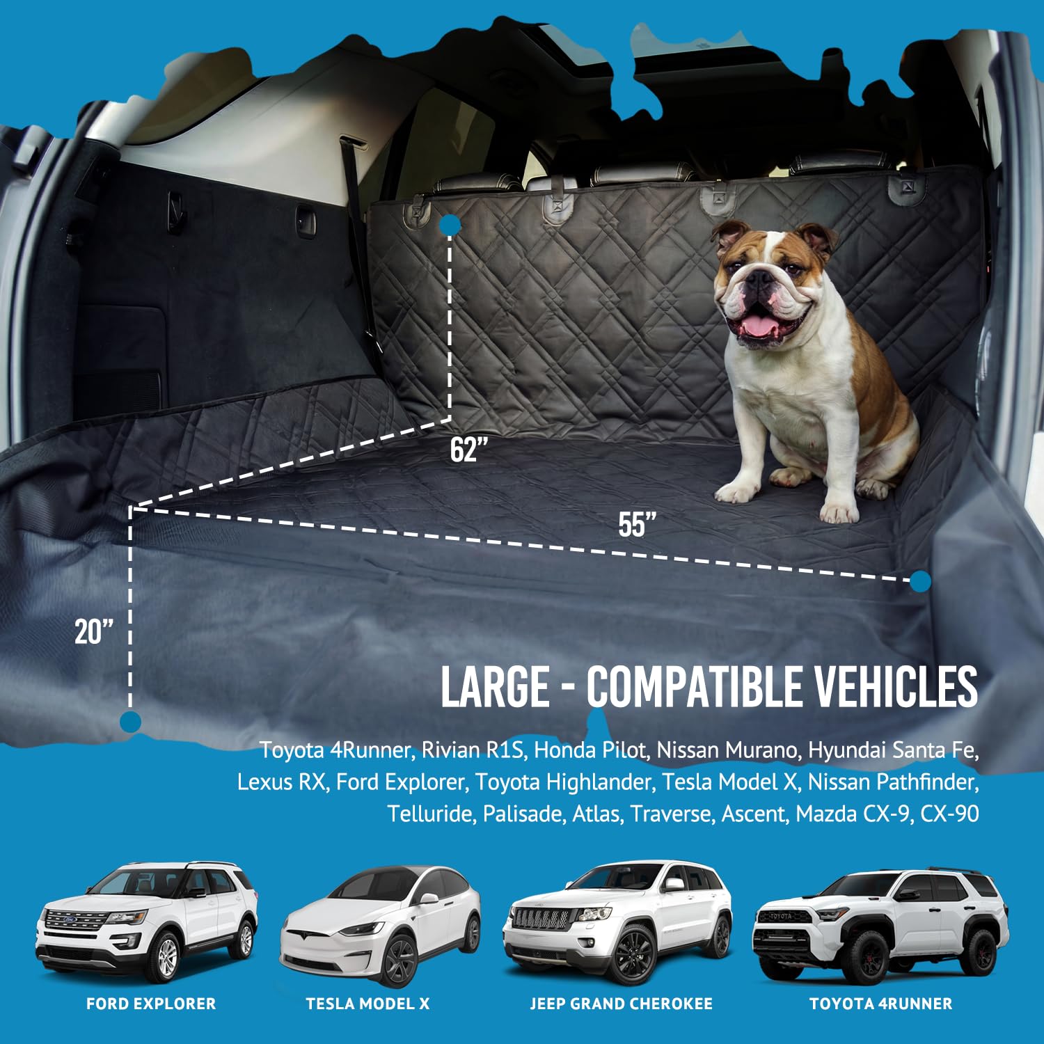 Bulldogology funda cubre maletero antideslizante para perros en coche.