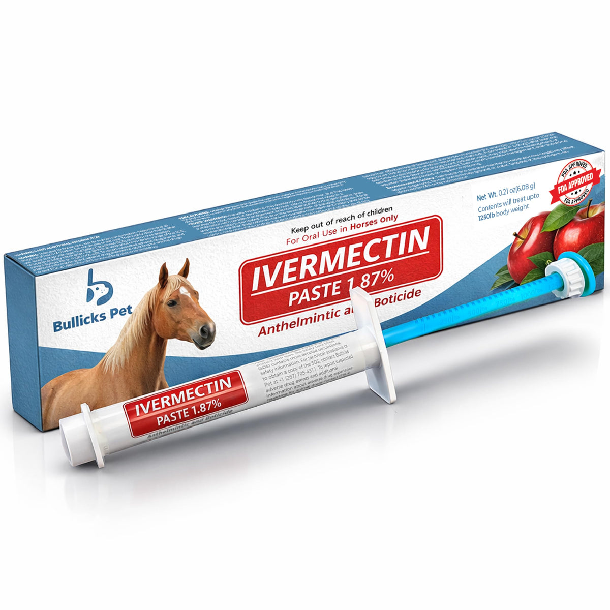 Bullicks Pet vermectina para caballos en envase de pasta sabor manzana, administración oral