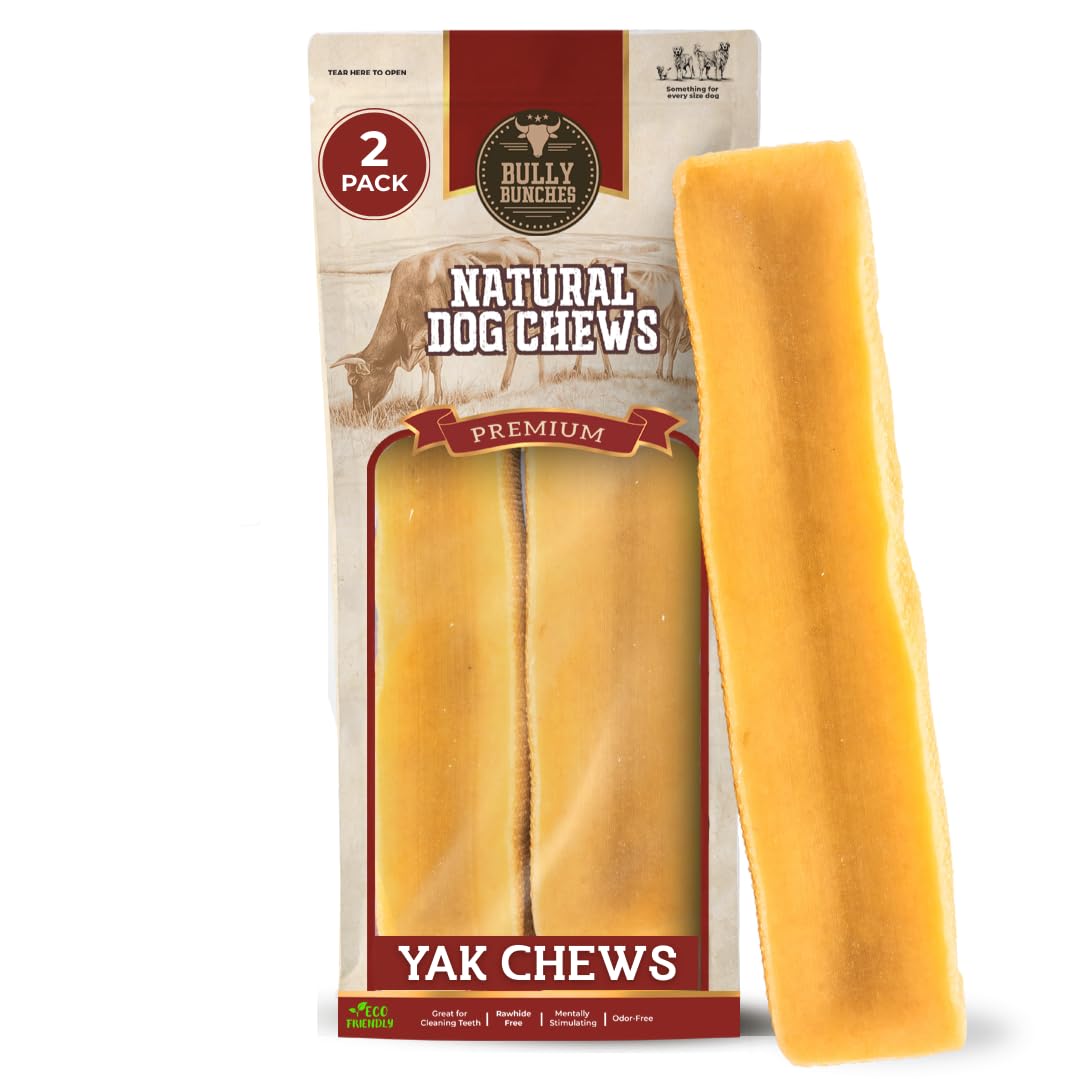 Bully Bunches Yak Cheese para perros grandes, masticación prolongada y segura.