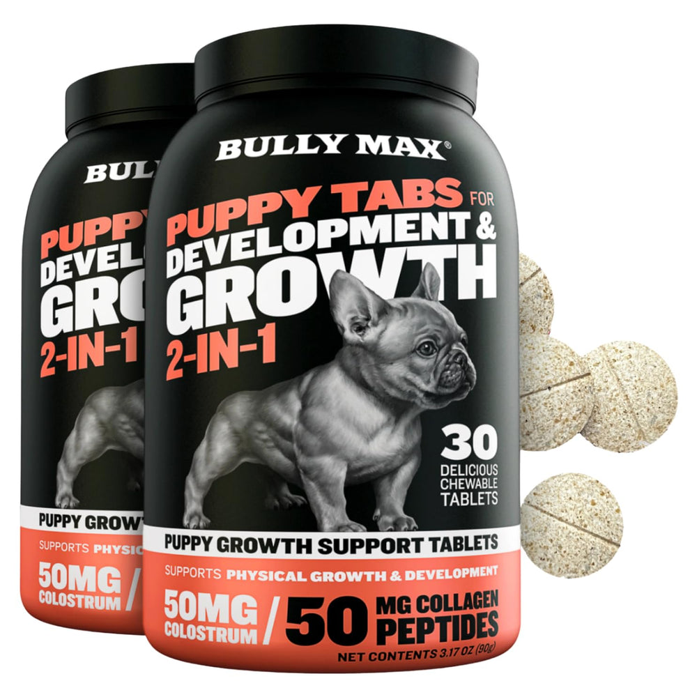 Bully Max: bote de tabletas para cachorros, nutrición premium para crecimiento.