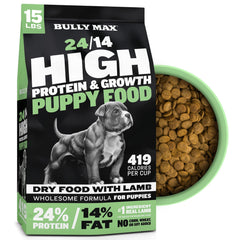 Bully Max Comida para Cachorros 24/14, empaque frontal, energía para crecimiento saludable.