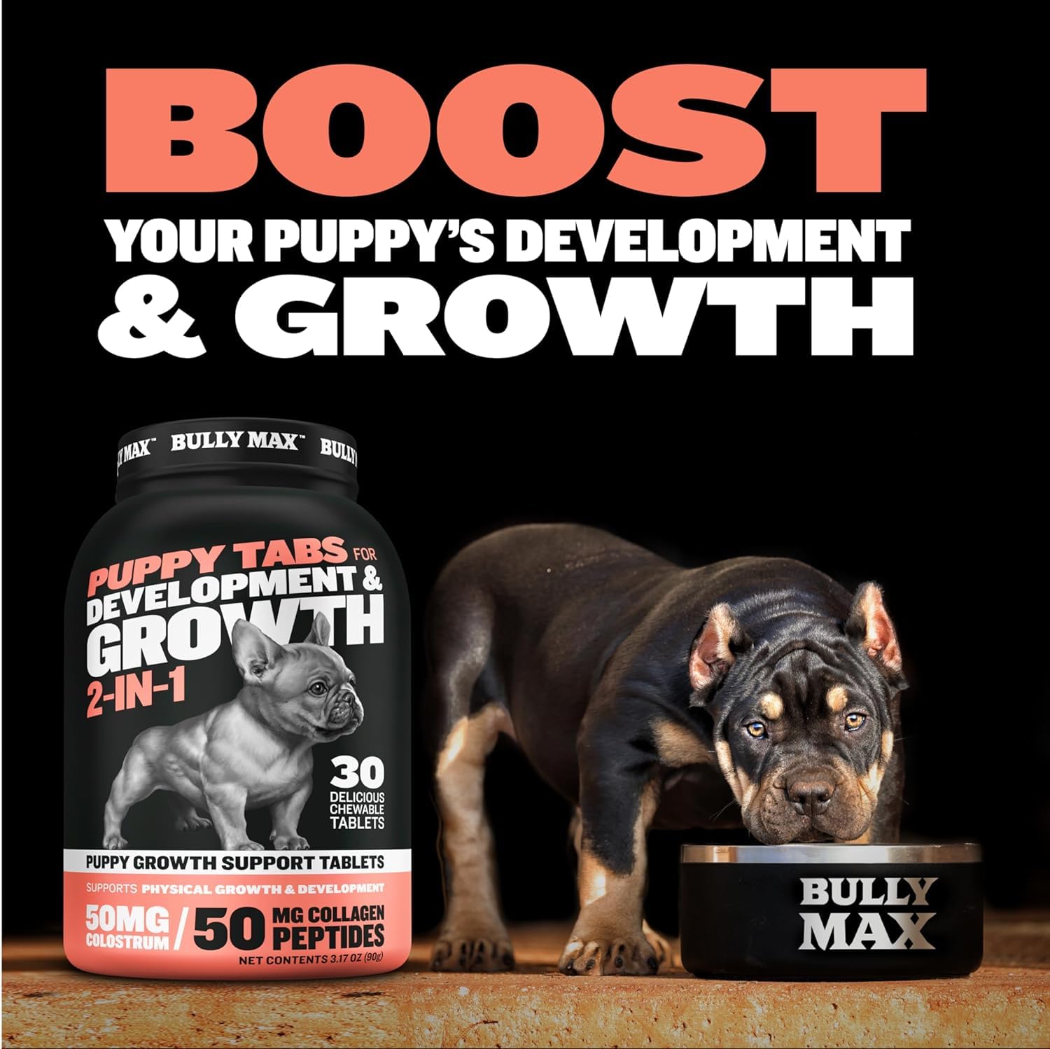 Bully Max etiqueta frasco, visualización de contenido nutricional para cachorros.