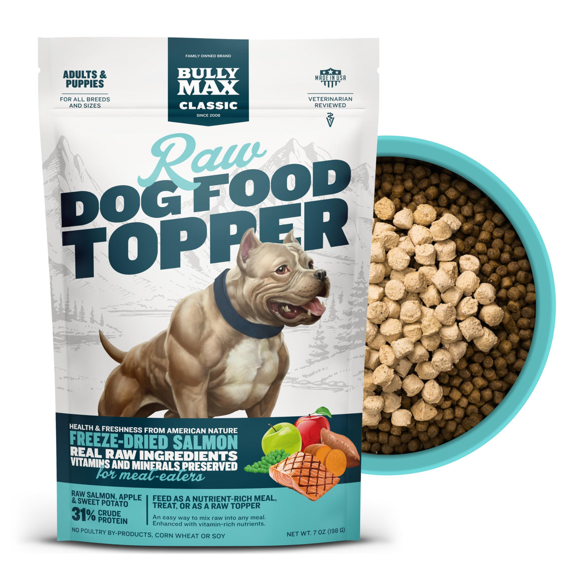 Bully Max: toppers de salmón liofilizados con frutas y verduras para perros.