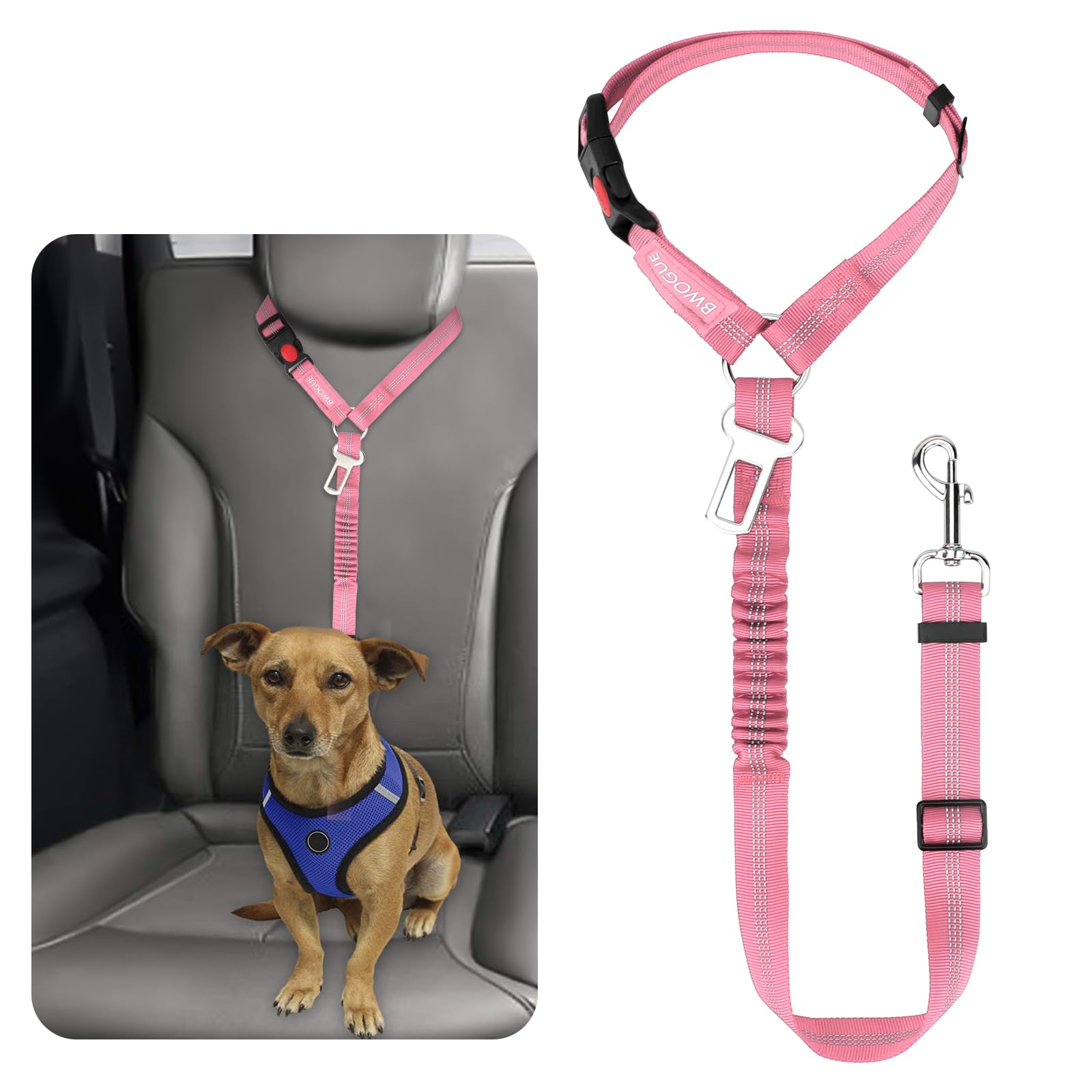 BWOGUE Cinturón de seguridad para mascotas con costuras reflectantes para mayor visibilidad nocturna.