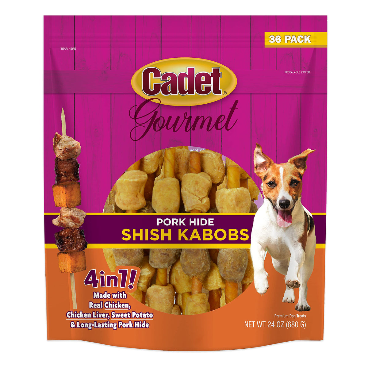 Cadet Gourmet brochetas para perros pequeños con pollo, pato y batata para masticar delicioso.