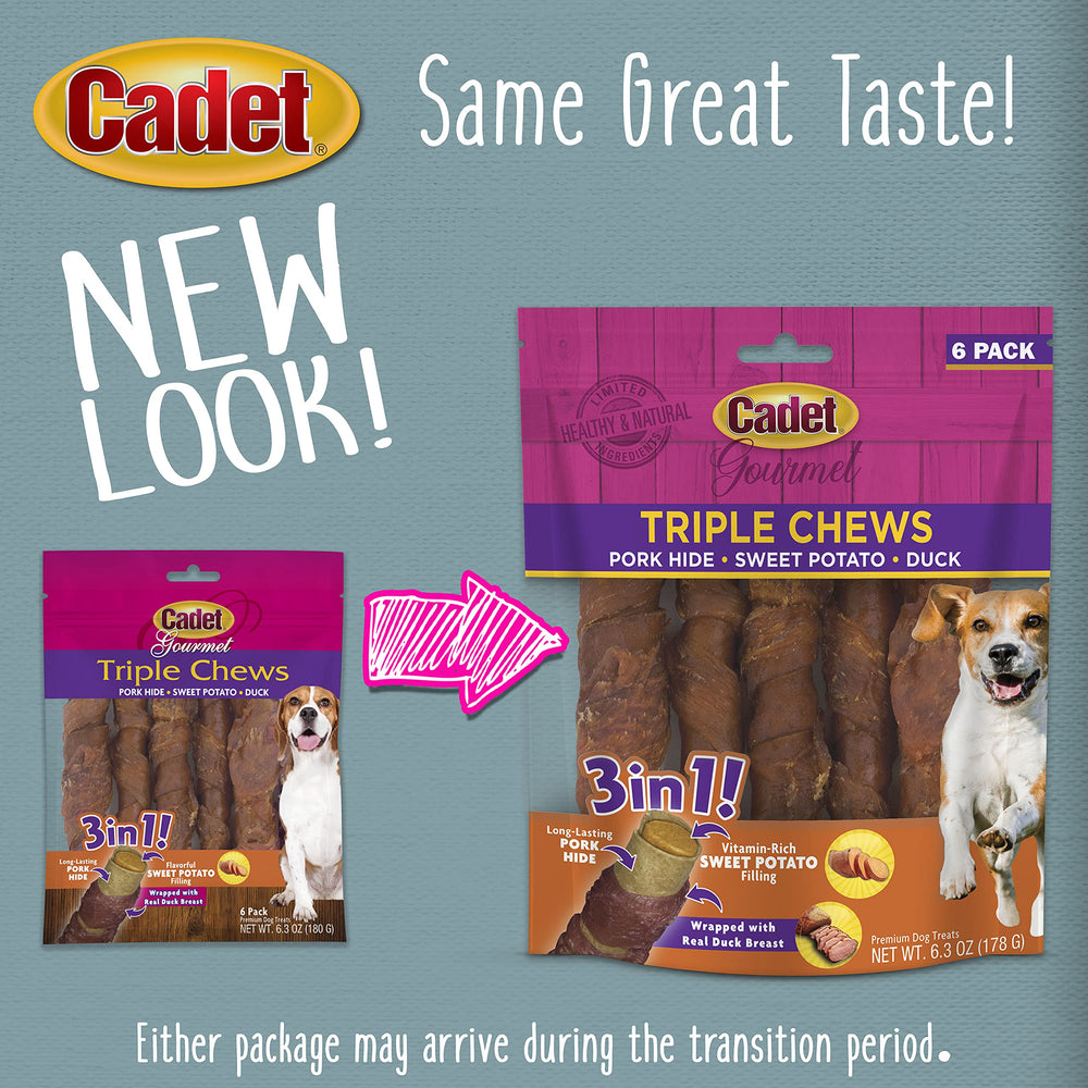 Cadet Gourmet Triple Chews: enfoque en salud dental durante la mordida.