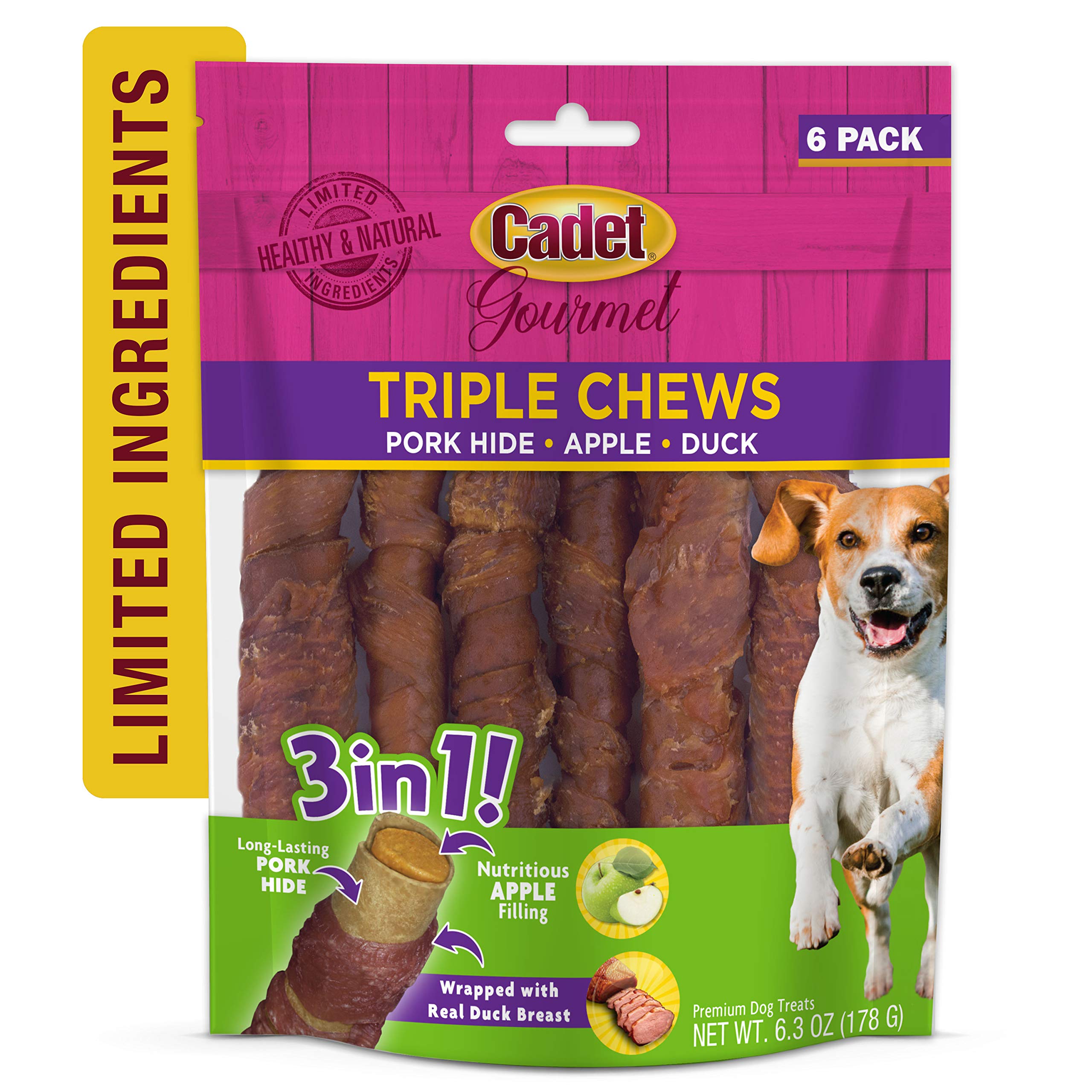 Cadet Gourmet Triple Chews ingredientes limitados y sin colorantes.