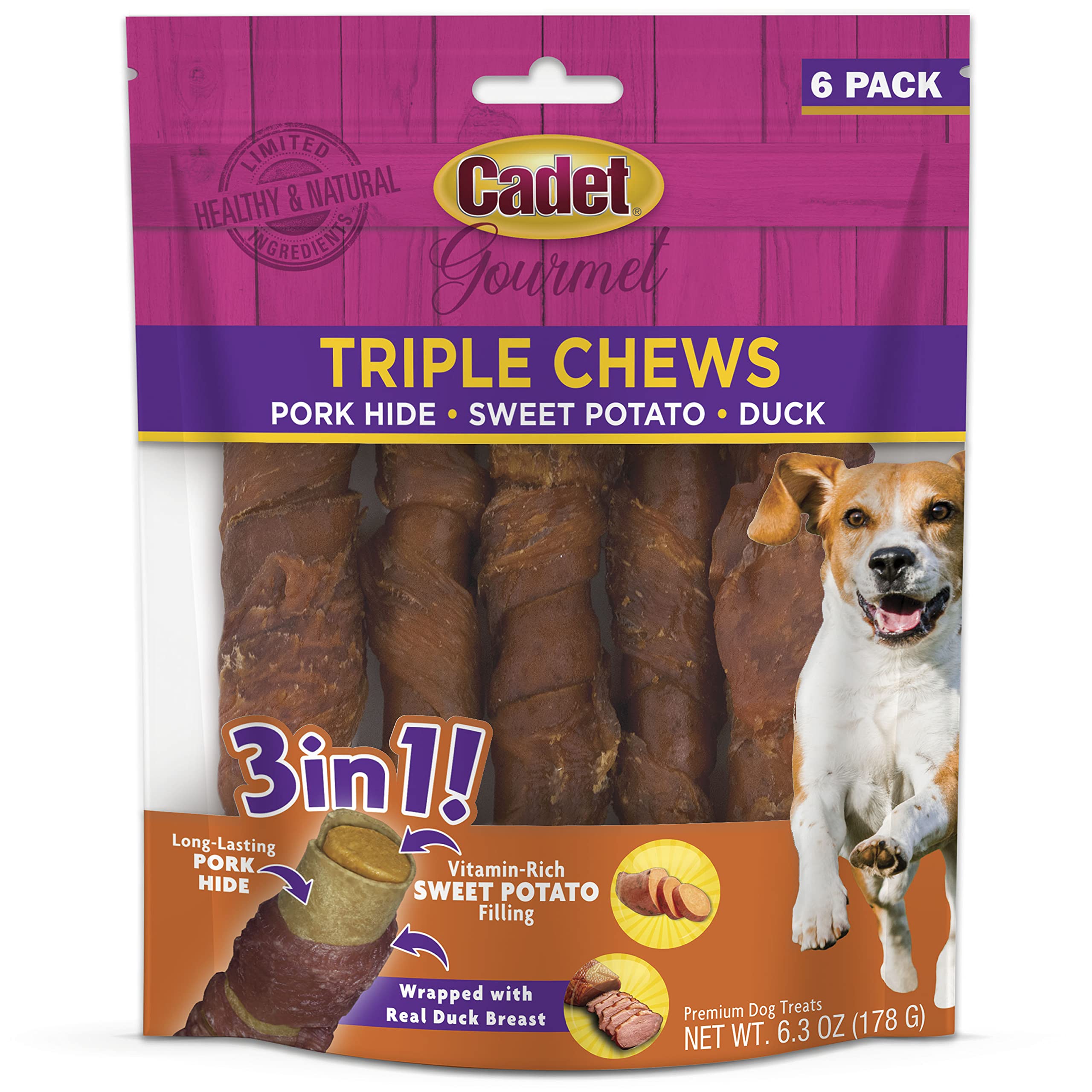 Cadet Gourmet Triple Chews: piel de cerdo, primera fuente de proteína para perros activos.