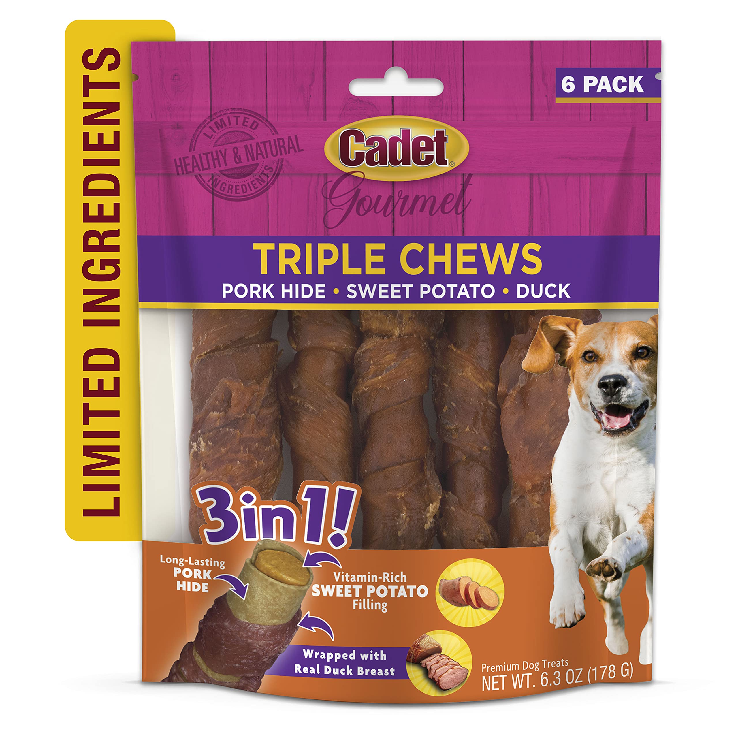 Cadet Gourmet Triple Chews: presentación en estuche de 6 piezas.