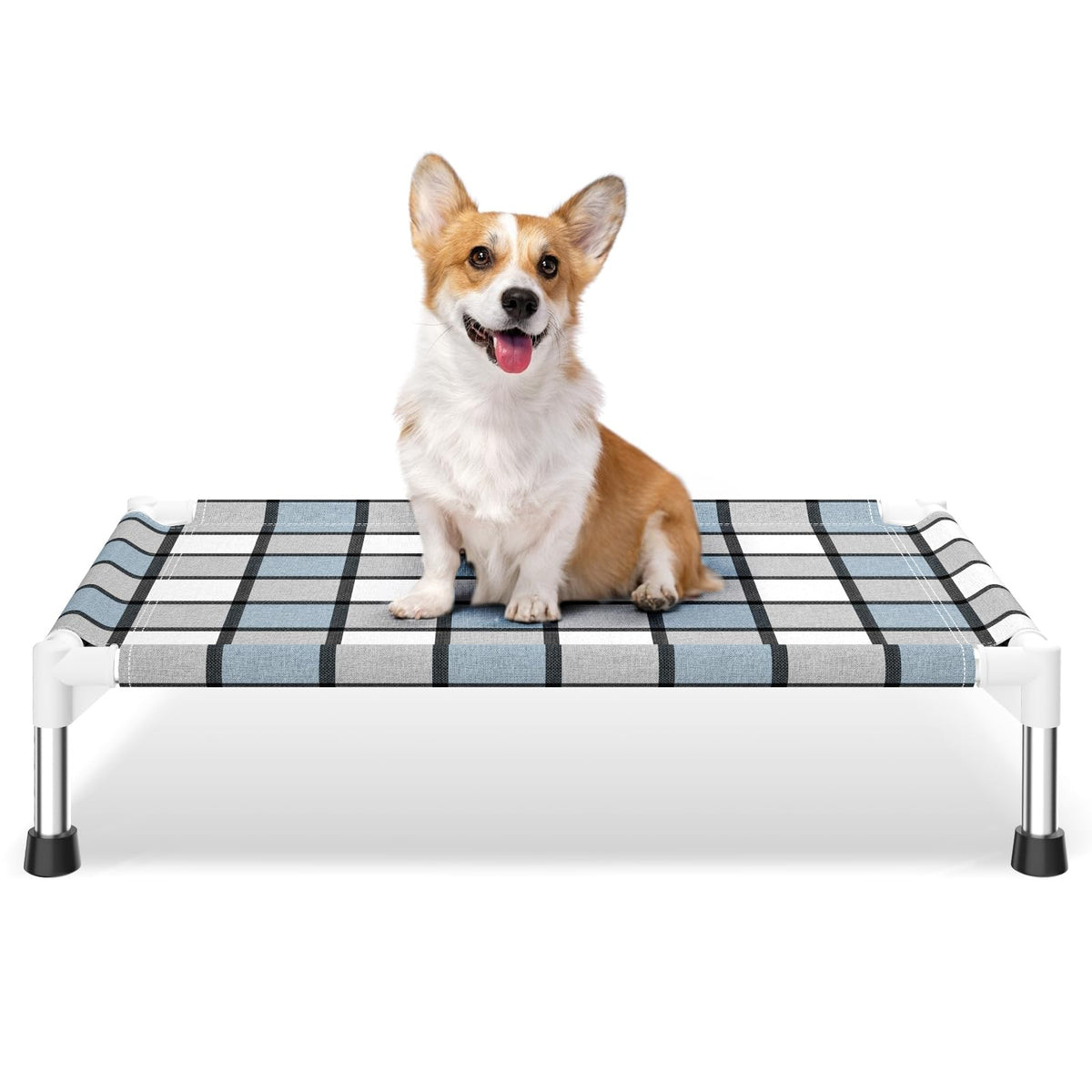 Caghash cama perro elevada, diseño exterior azul para jardín.
