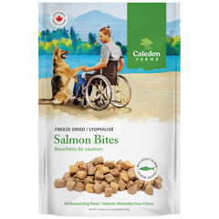 Caledon Farms Freeze-Dried Salmon Bites primer plano, textura crujiente.