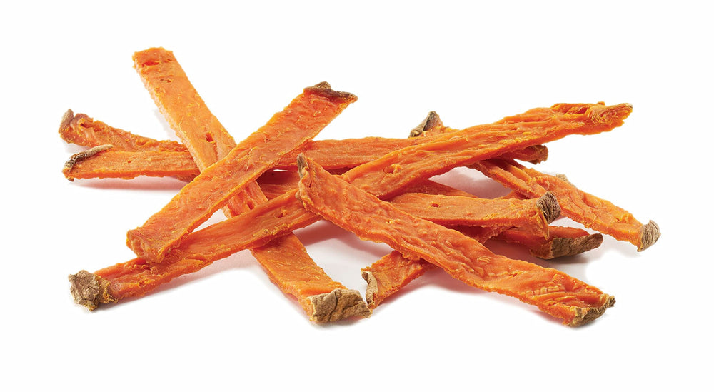 Caledon Farms frites patate douce – chien dégustant, friandise savoureuse pour encourager les bonnes actions.
