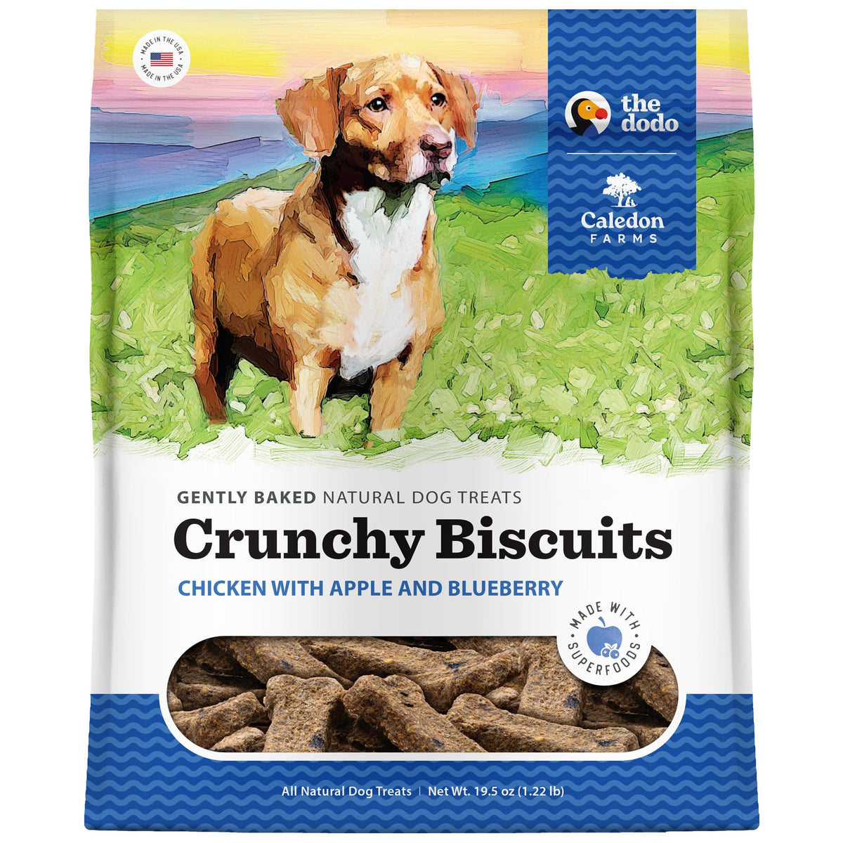 Caledon Farms The Dodo Crunchy Biscuits con pollo, snack proteico para perros activos.
