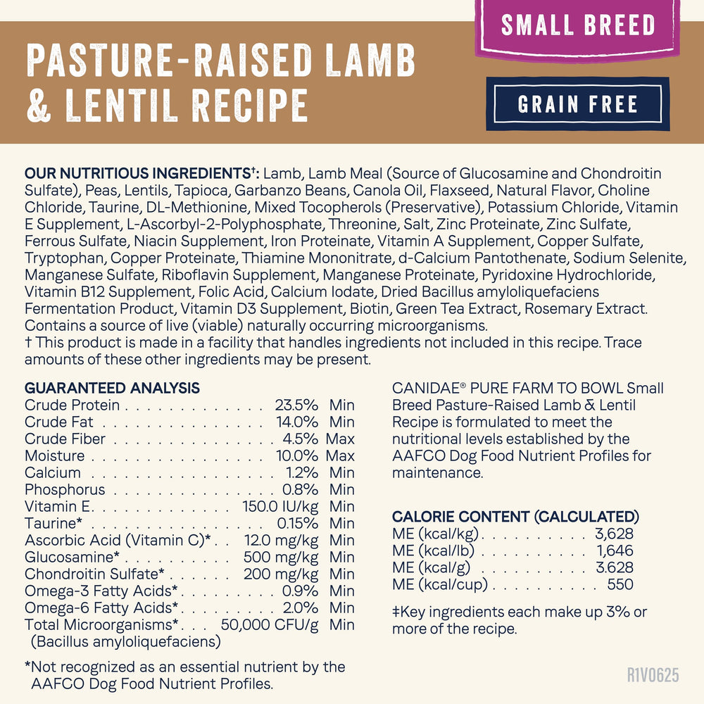 CANIDAE Pure Farm to Bowl cordero y lentejas: combinación nutritiva sin conservantes.