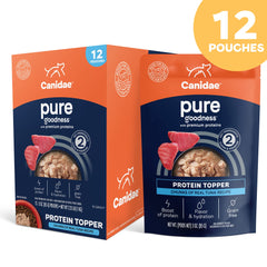 CANIDAE Pure Protein Topper con atún en salsa para mejorar sabor y hidratación.