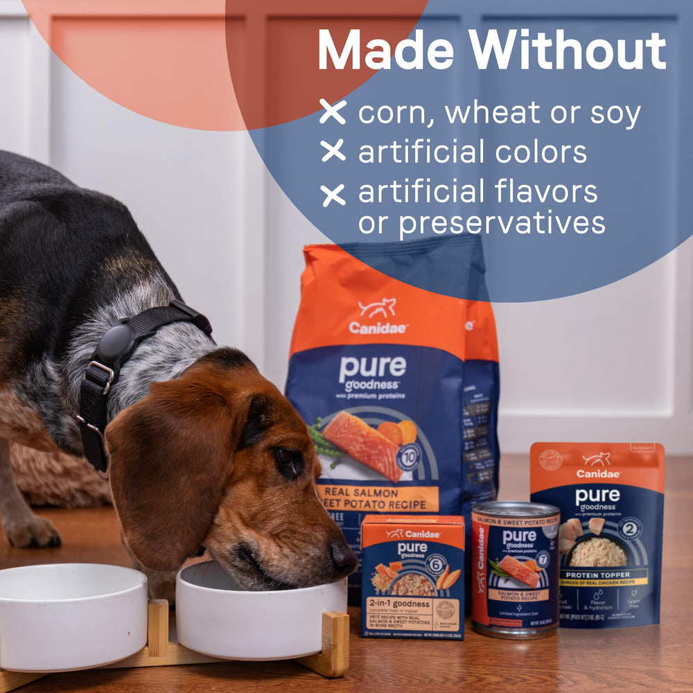 CANIDAE Pure Protein Topper en envase de 3 oz para mayor hidratación.