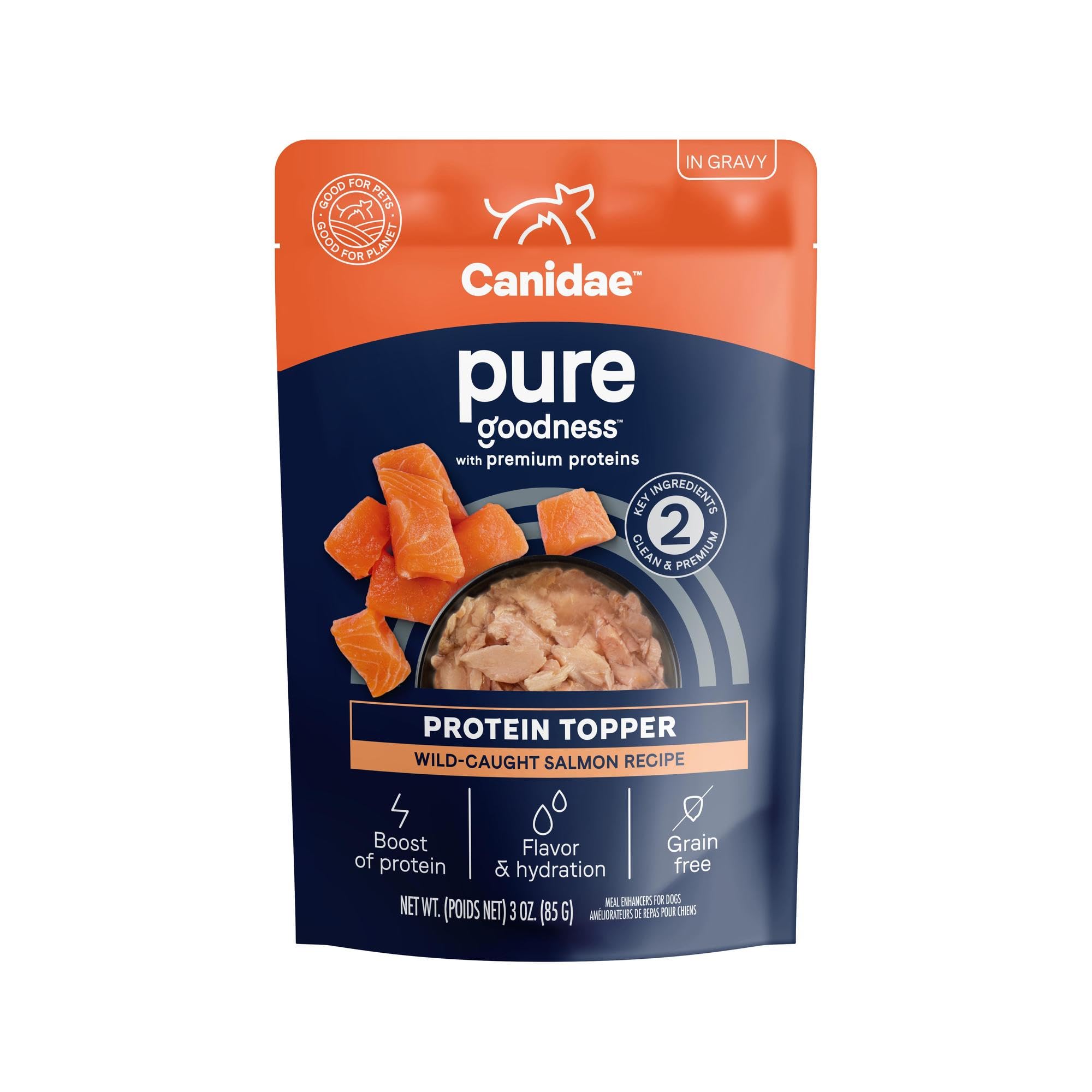 CANIDAE Pure Protein Topper con trozos de salmón salvaje en salsa espesa para perros.