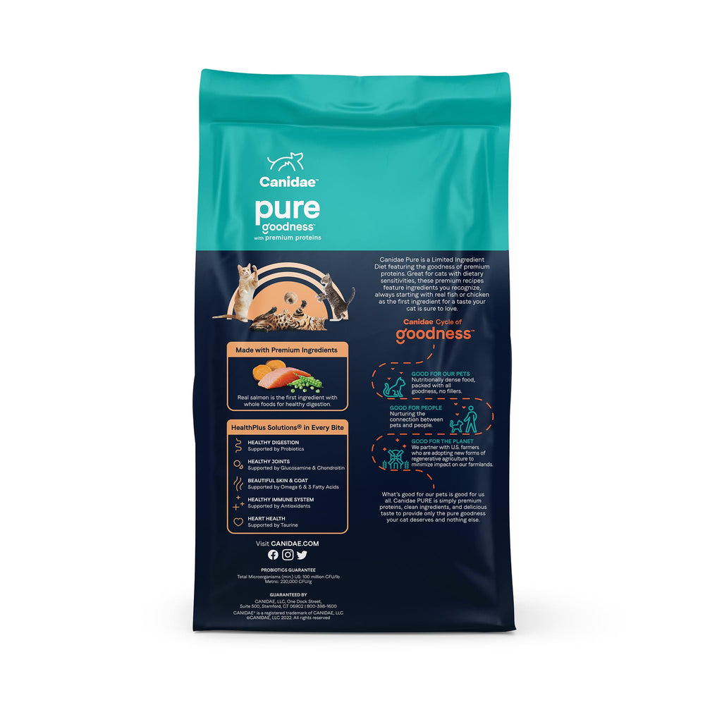 CANIDAE PURE Receta de Salmón: ingredientes simples como salmón, patatas y guisantes para dieta equilibrada.