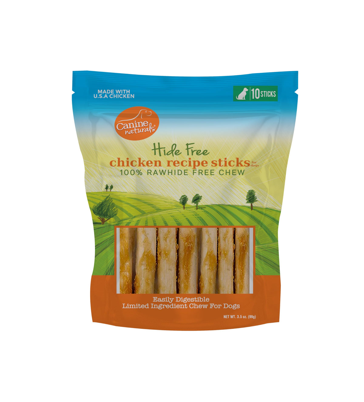 Canine Naturals Chicken Recipe Chew frente del empaque de 5 pulgadas, libre de pellejo.