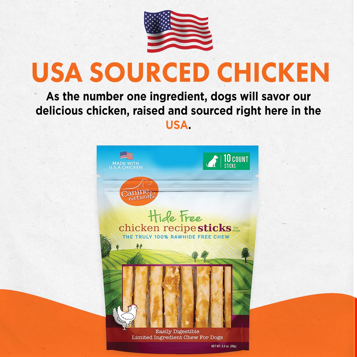Paquete de 10 palitos de 5 pulgadas de Canine Naturals Chicken Recipe Chew para recompensa.