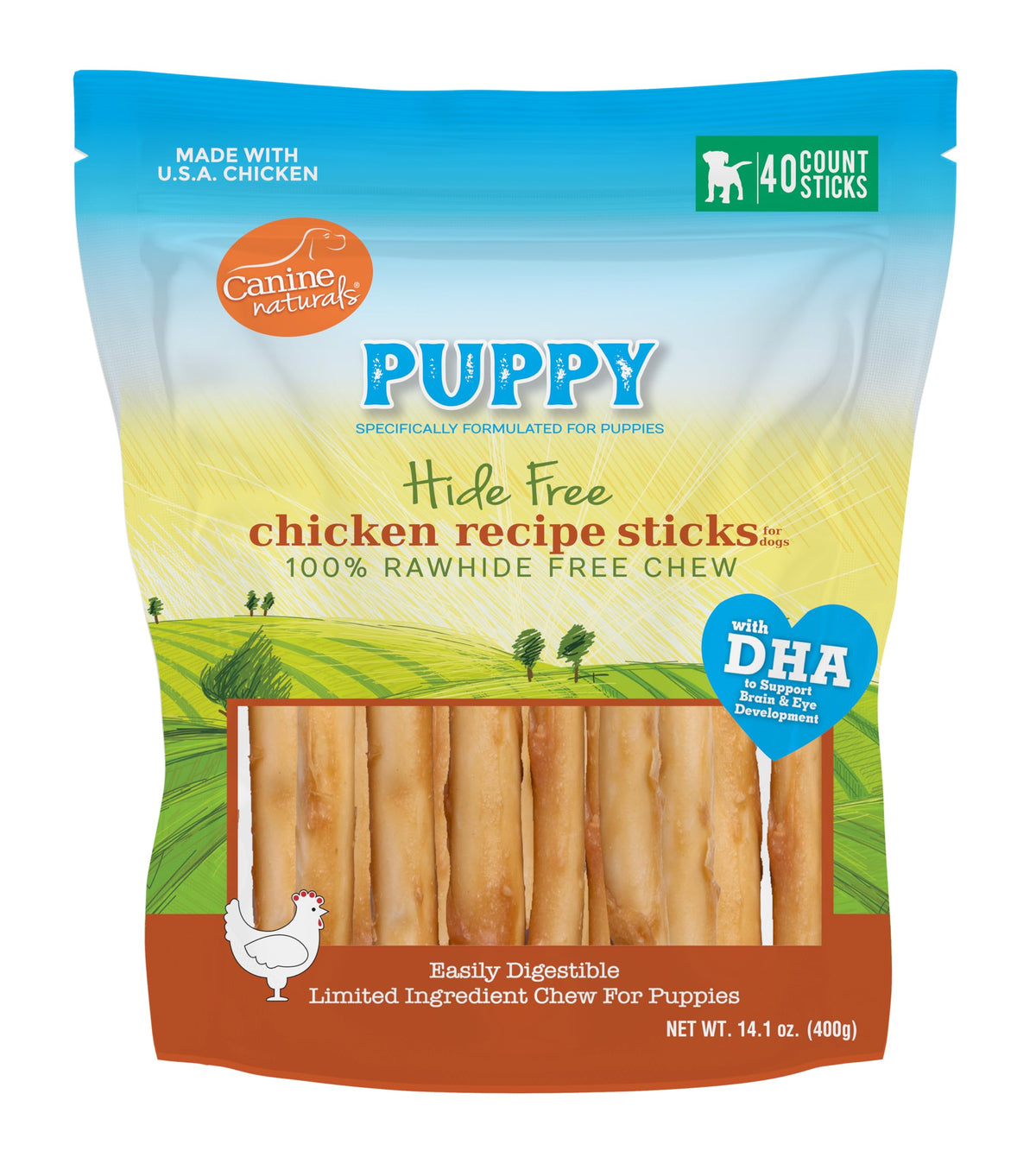 Canine Naturals Puppy Chicken and Rice, paquete de 40 palitos, masticación duradera para cachorros.