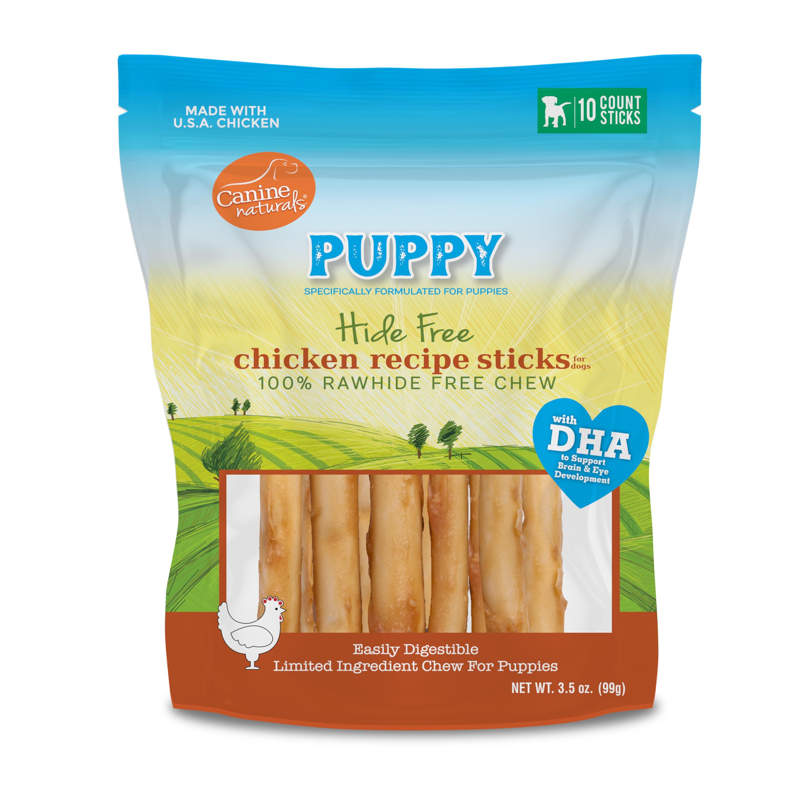 Canine Naturals Puppy, palito de pollo y arroz, ideal para masticación prolongada en cachorros.