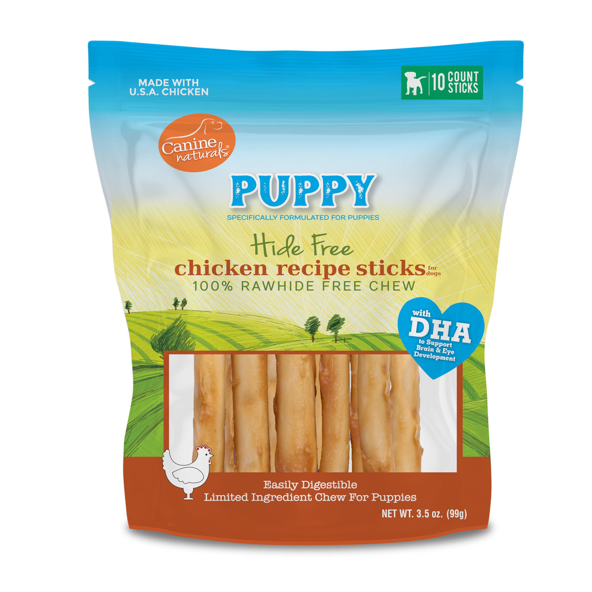 Canine Naturals Puppy, palito de pollo y arroz, ideal para masticación prolongada en cachorros.
