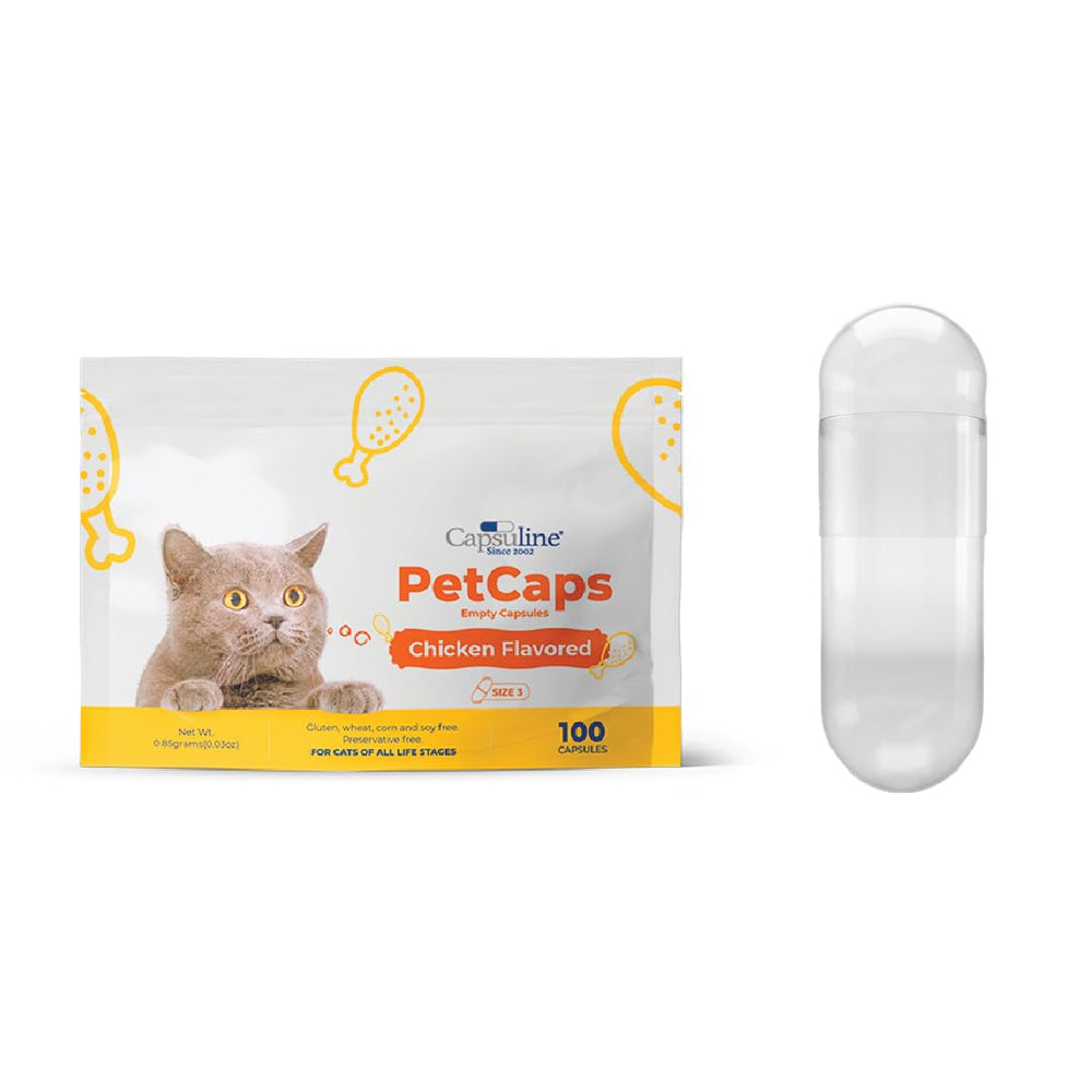 Capsuline PETcaps tamaño 3, cápsulas vacías con sabor a pollo para medicación fácil.