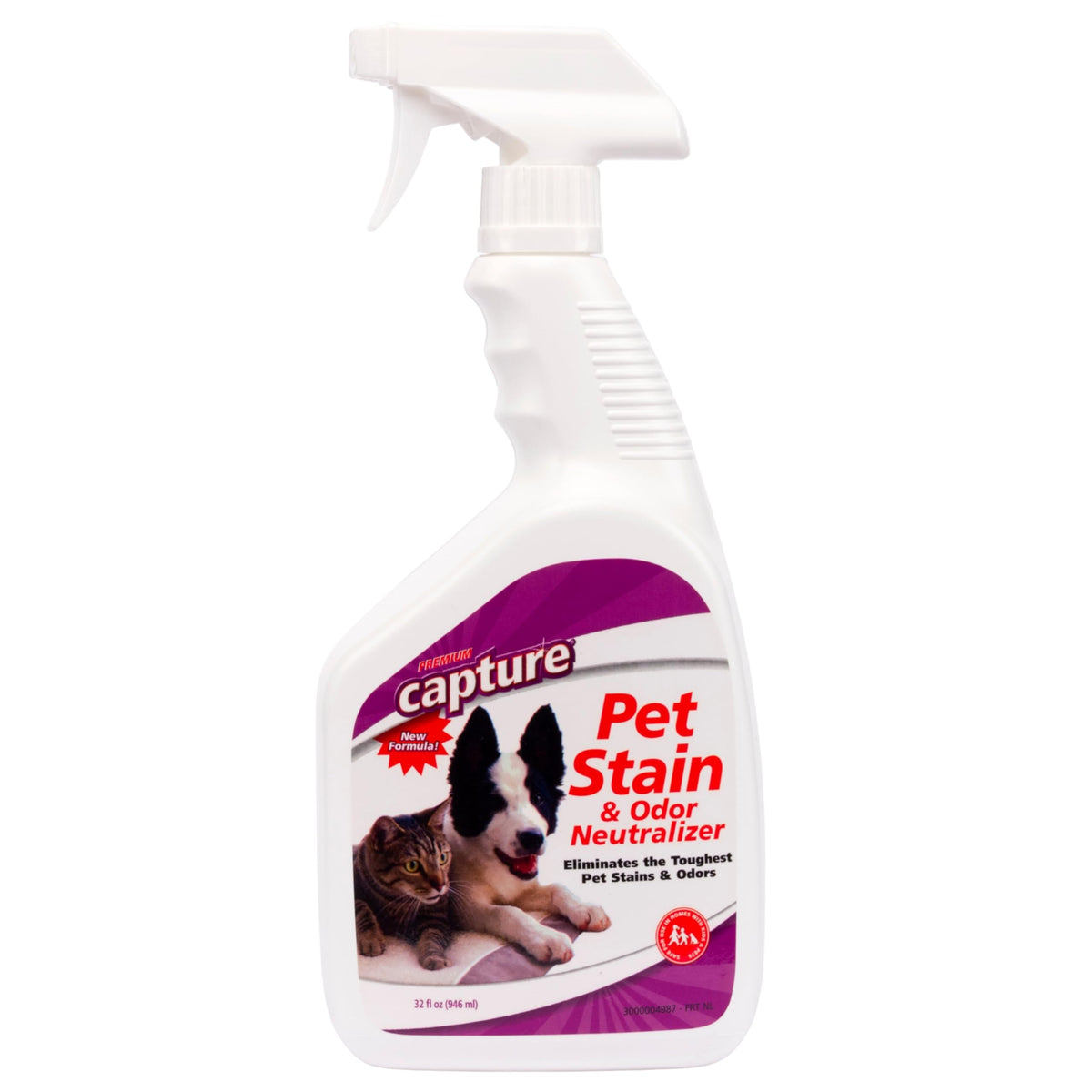 Capture eliminador de manchas y olores para mascotas en spray, ideal para textiles.