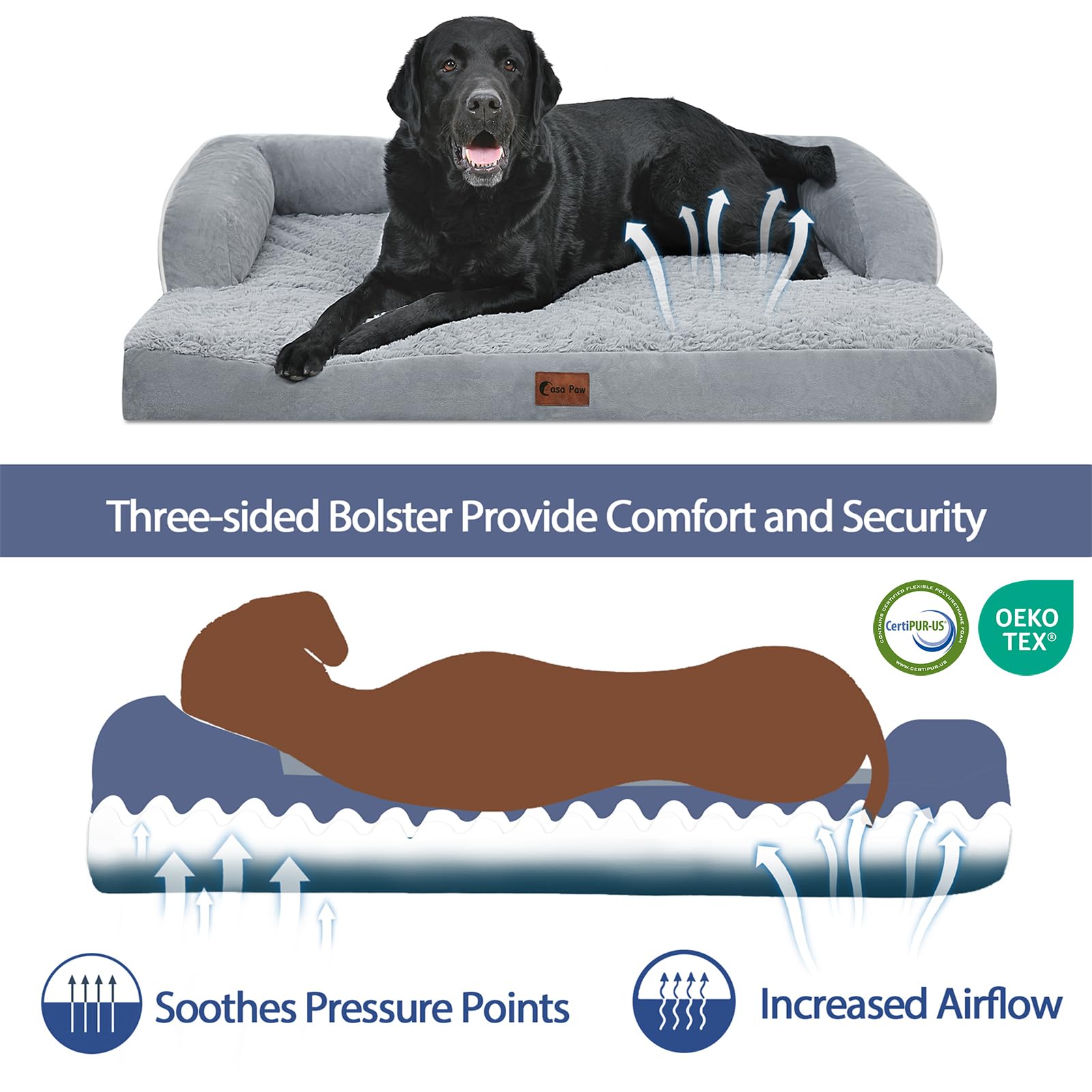 Casa Paw cama de 45x35 pulgadas, ideal para razas grandes y espacios amplios.