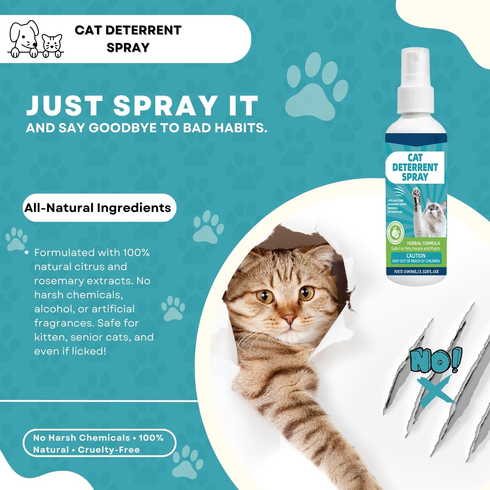 Aplicación en sofá para redirigir rasguños con spray disuasor para gatos.