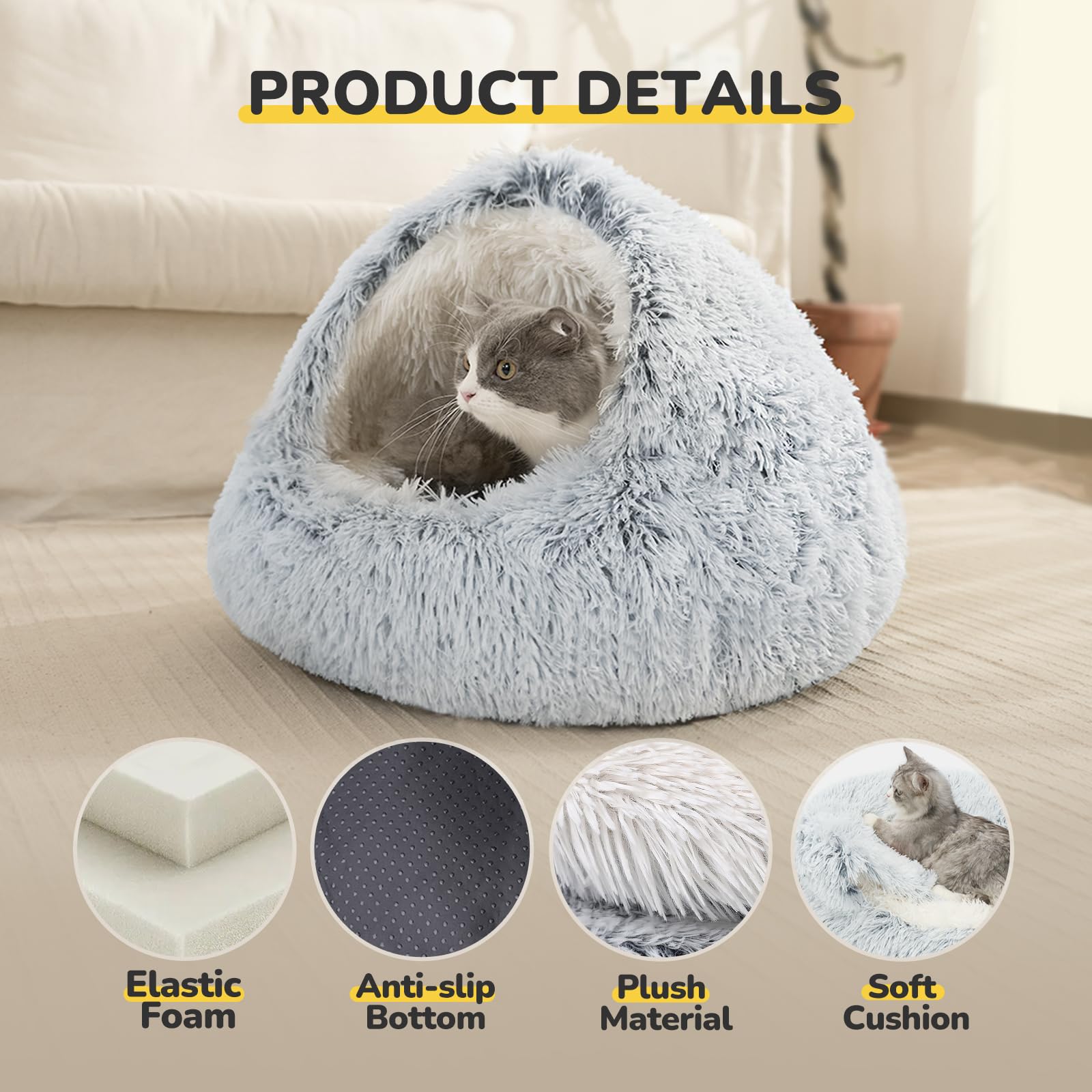 CATISM Cama felina con capucha, vista interior, invita a dormir envueltos y tranquilos.